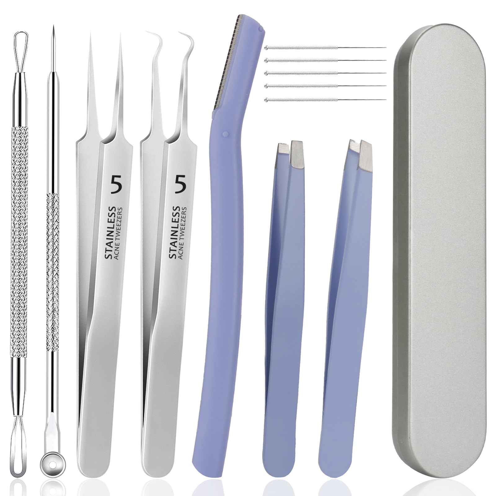 WSYUB Blackhead Tweezers,Ingrown Hair Tweezers,Pimple Popper Tool Kit,Acne Needle Tool, Blackhead Extractor,Eyebrows Facial Hair Razors