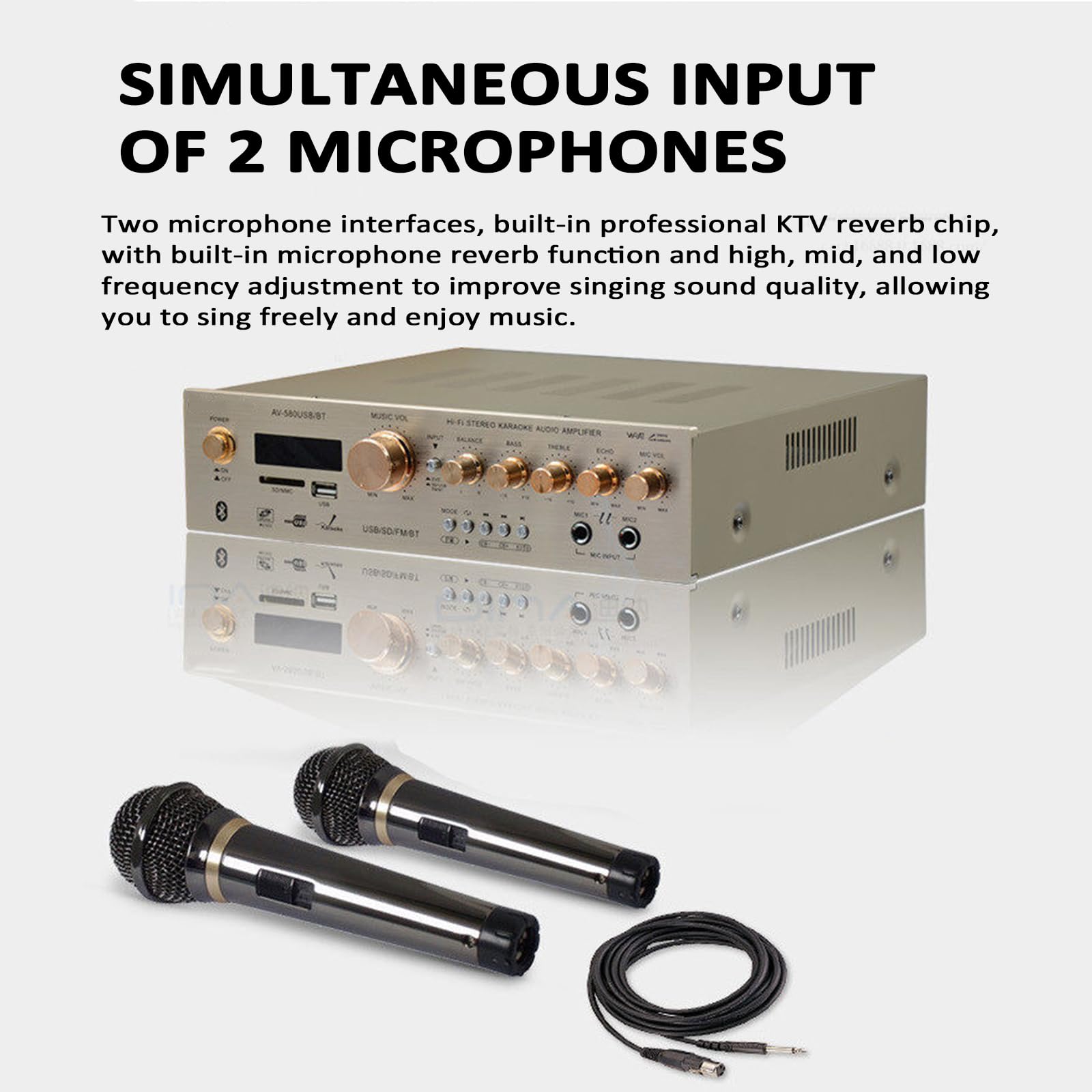 Wzmacniacz audio stereo 750 W, 5.0-kanałowy odbiornik stereo z pilotem (10 M) / USB/SD/podwójny interfejs mikrofonu/BT 5.4, dekodowanie światłowodowe/koncentryczne, do B