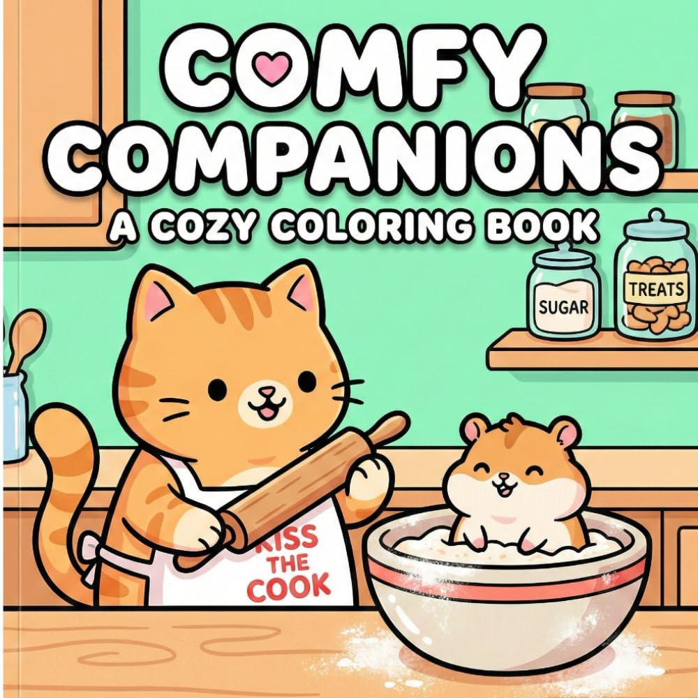 Comfy Companions: A Cozy Coloring Book: Bold Lines and Simple Illustrations of Cute Pets in Warm, Homely Scenes for Relaxation and Stress Relief