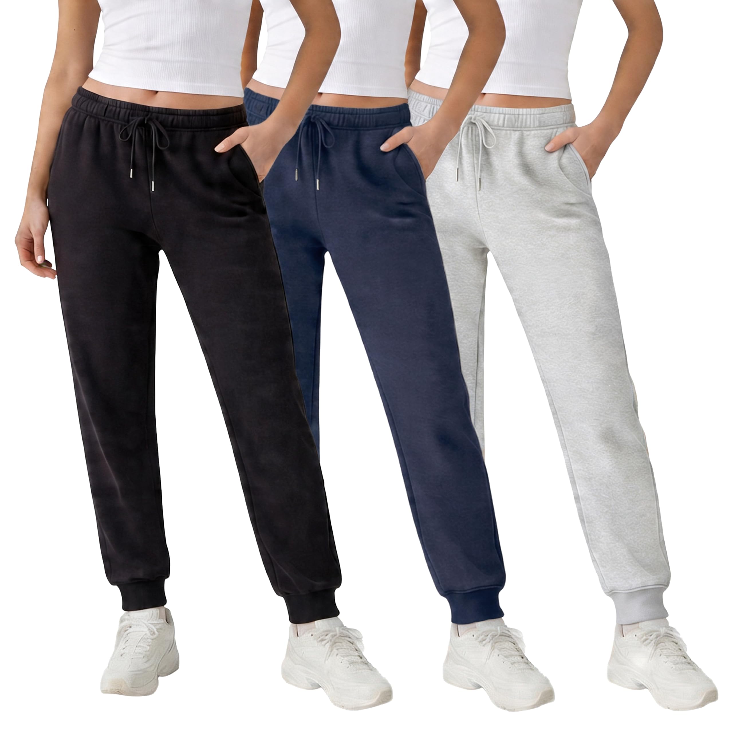 3 Pack Fleece Joggers for Women, Deep Pockets