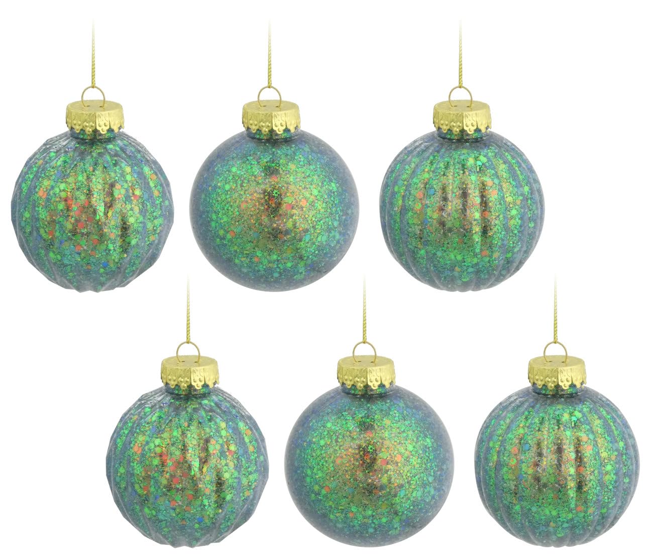 Iridescent Green Blue Gold Rainbow Glitter Christmas Tree Baubles - Set of 6