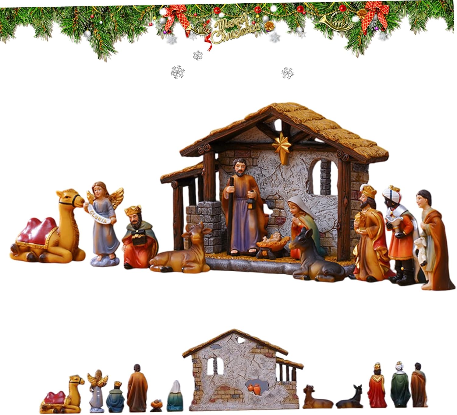 Nativity Set Resin Vivid Traditional Detailed Christmas Nativity Sets 12-Piece Collectible Religious Christmas Decorations for Indoor Tabletop Home.