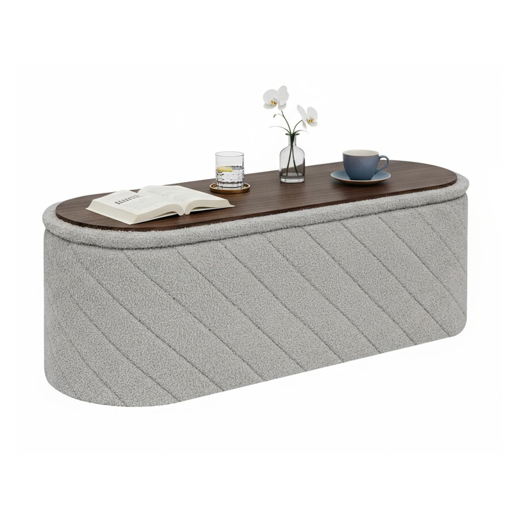 Bonlife Ovale Ottomanbank mit Stauraum, Klappbare Fußbank mit Deckel, Boucle Bank für Fußende des Bettes, Hocker für Wohnzimmer, Schlafzimmer, Eingangsbereich, Grau, 110x38x38cm