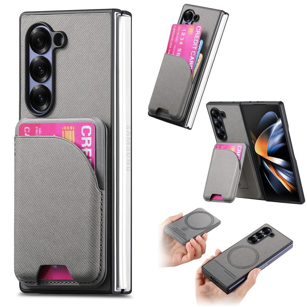 Generic Custodia compatibile con Samsung Galaxy Z Fold 7 (colore grigio) Custodia a portafoglio magnetica in pelle rimovibile