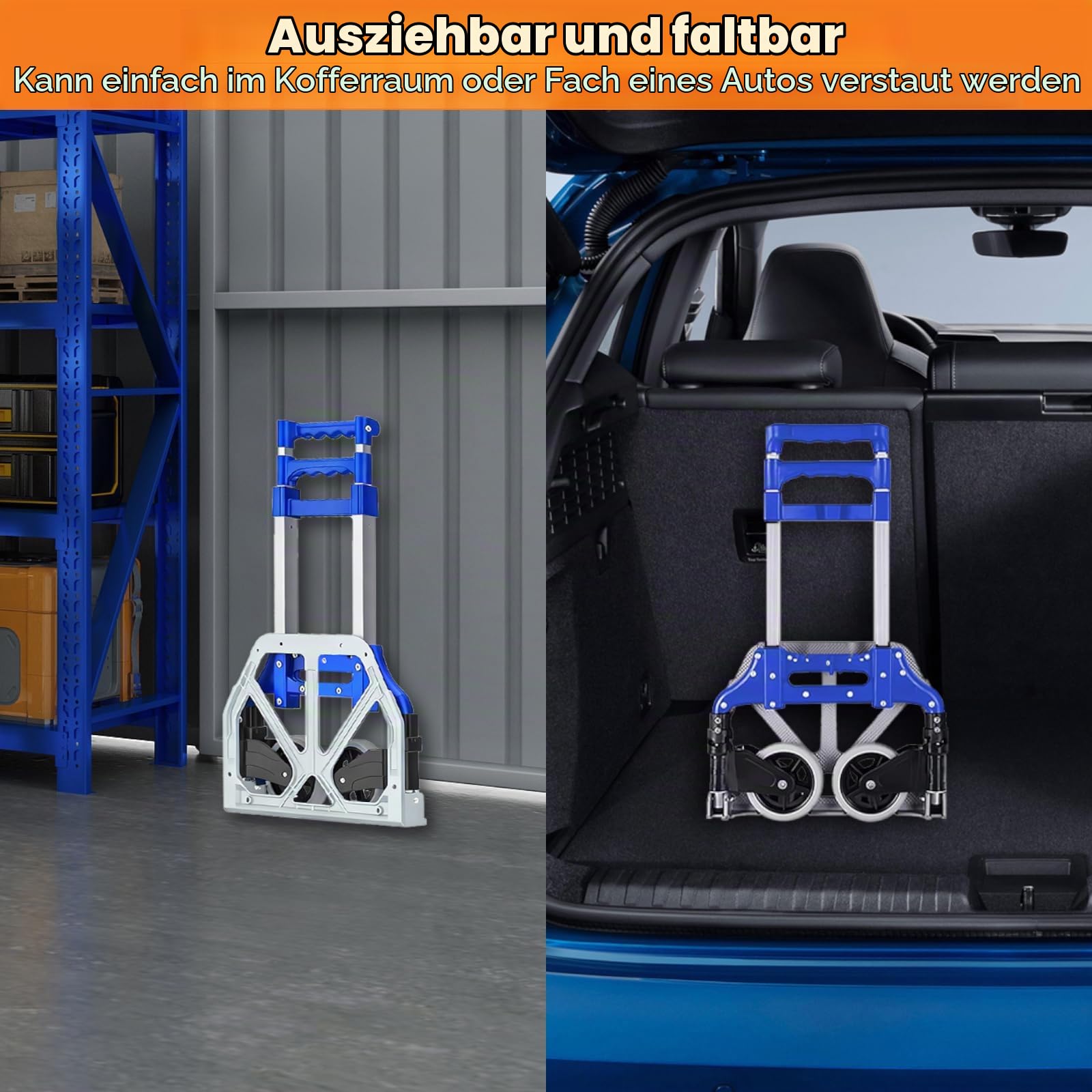 MAXBROTHERS Sackkarre klappbar-Einkaufstrolley-Extra Long Telescopic Handle 100 cm-rutschfeste Ladefläche-1 Expanderseilen-165 pund Tragkraft- 2 TPR-Räder