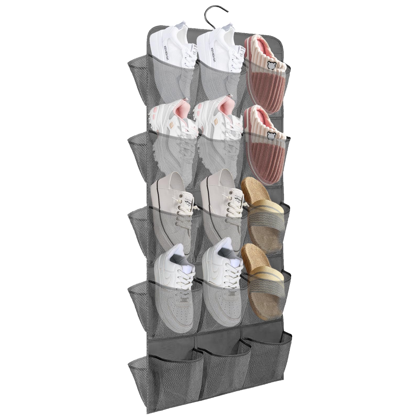 ASelected 30 Large Reversible Hanging Shoe Storage, Hanging Organiser Over the Door Shoe Racks, Mesh Pockets Storage hanger for Bedroom Bathroom Closet, 130 x 42Cm, Gray