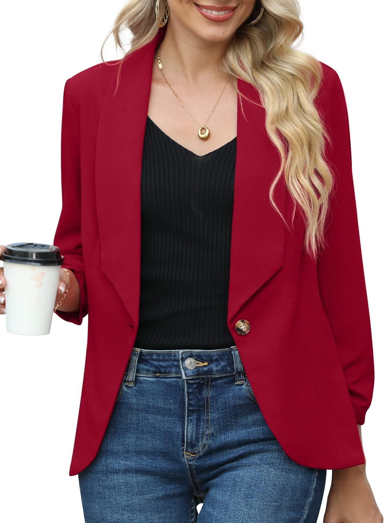 PrinStory Blazer per Le Donne 3/4 Increspato Maniche Blazer Negozio Ufficio Blazer Vestito Sportivo Jack Trench