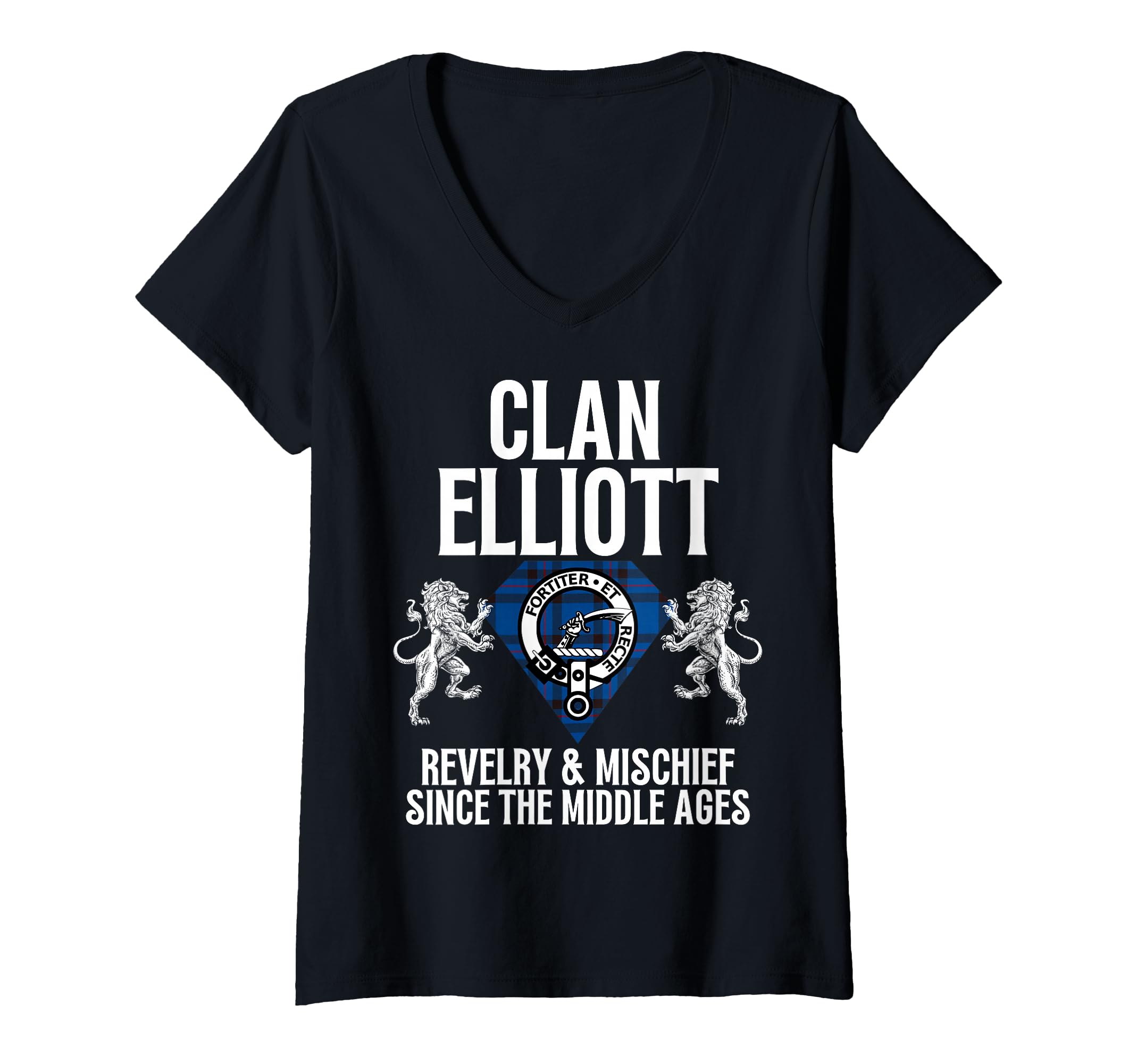 Womens Elliott Clan Scottish Name Coat Of Arms Tartan Family Party V-Neck T-Shirt