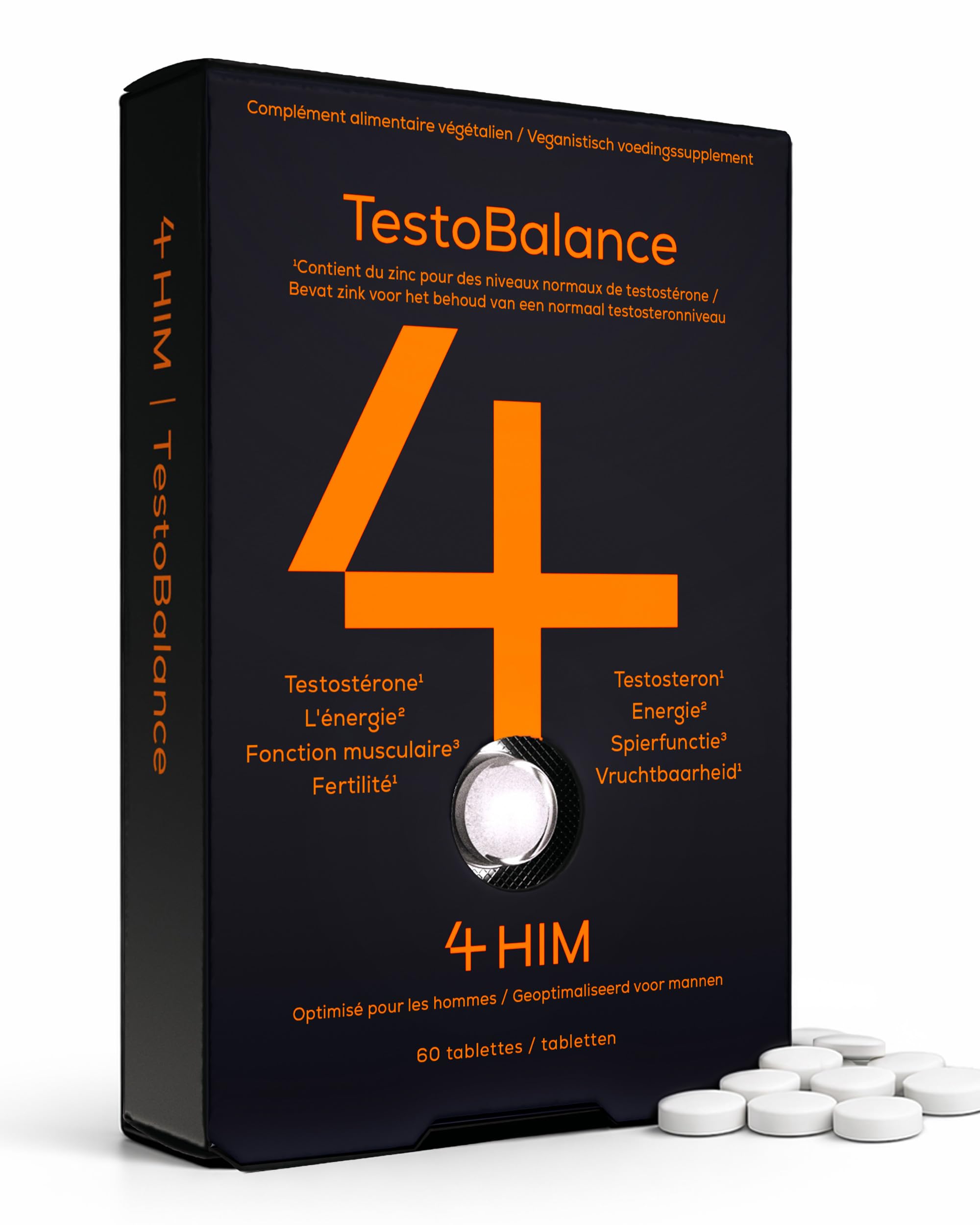 4 HIM TestoBalance - Énergie et Fonction Musculaire - avec Zinc, L-Arginine, Ginseng et Fenugrec - 60 Comprimés Végétaliens