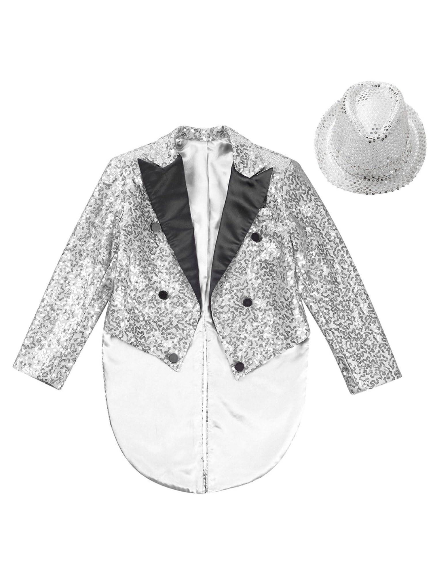 YiZYiF Ragazzi Paillettes Frac Giacca Cappotto Manica Lunga Gentiluomo Vestito Giacca Circo Costume Ringmaster Uniforme con Cappello