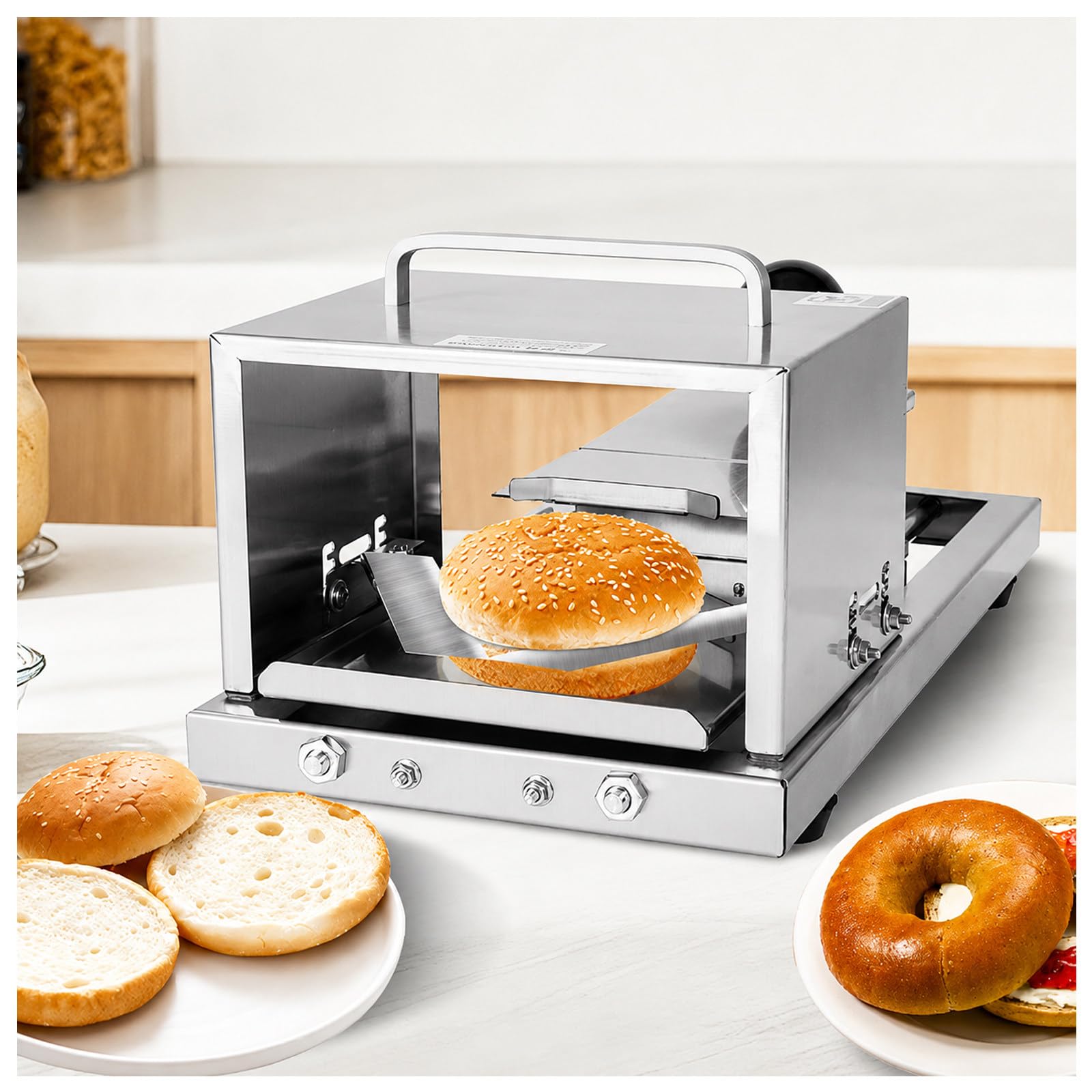 MIAOXIAOLONG Bagel Cutter Slicer with Push-Pull Handle – 4 Adjustable Thickness Settings, Stainless Steel Blade, Fits Bagels, Burger Buns & English Muffins,for Daily Breakfast or Batch Prep