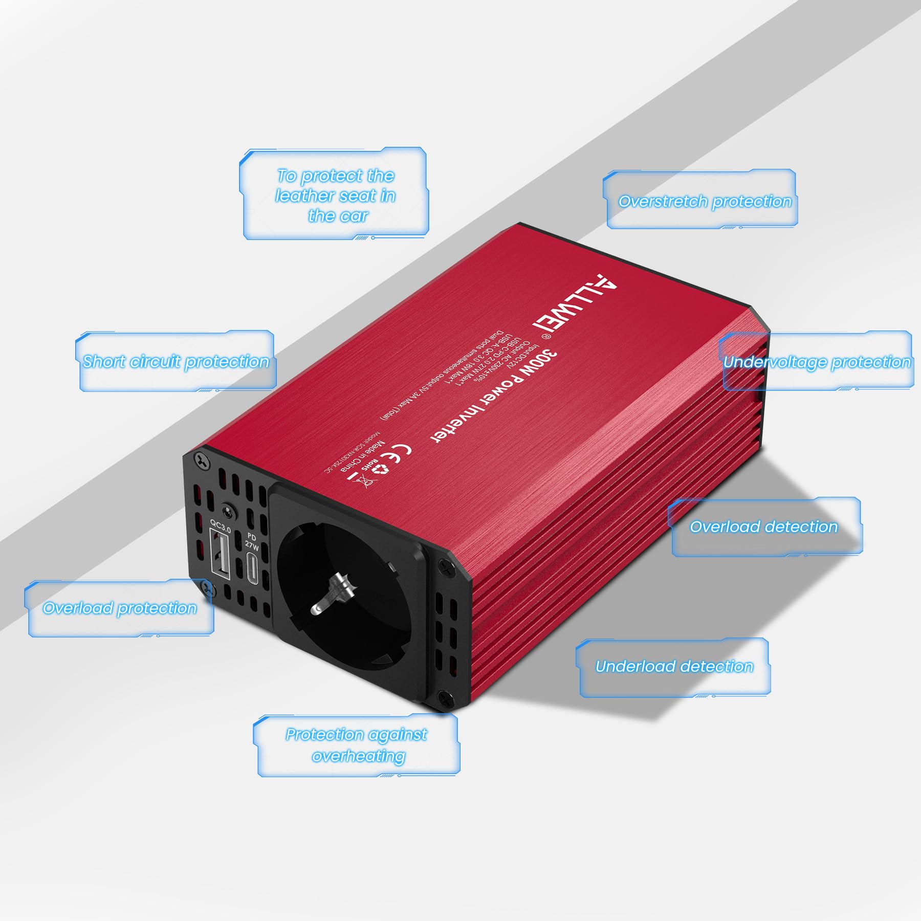 ALLWEI Przetwornica napięcia 300 W, 12 V, 230 V, falownik z przyłączem typu C i USB – do samochodu, przyczepy kempingowej, na kemping, do ładowania telefonów komórkowych, laptopów i innych urządzeń