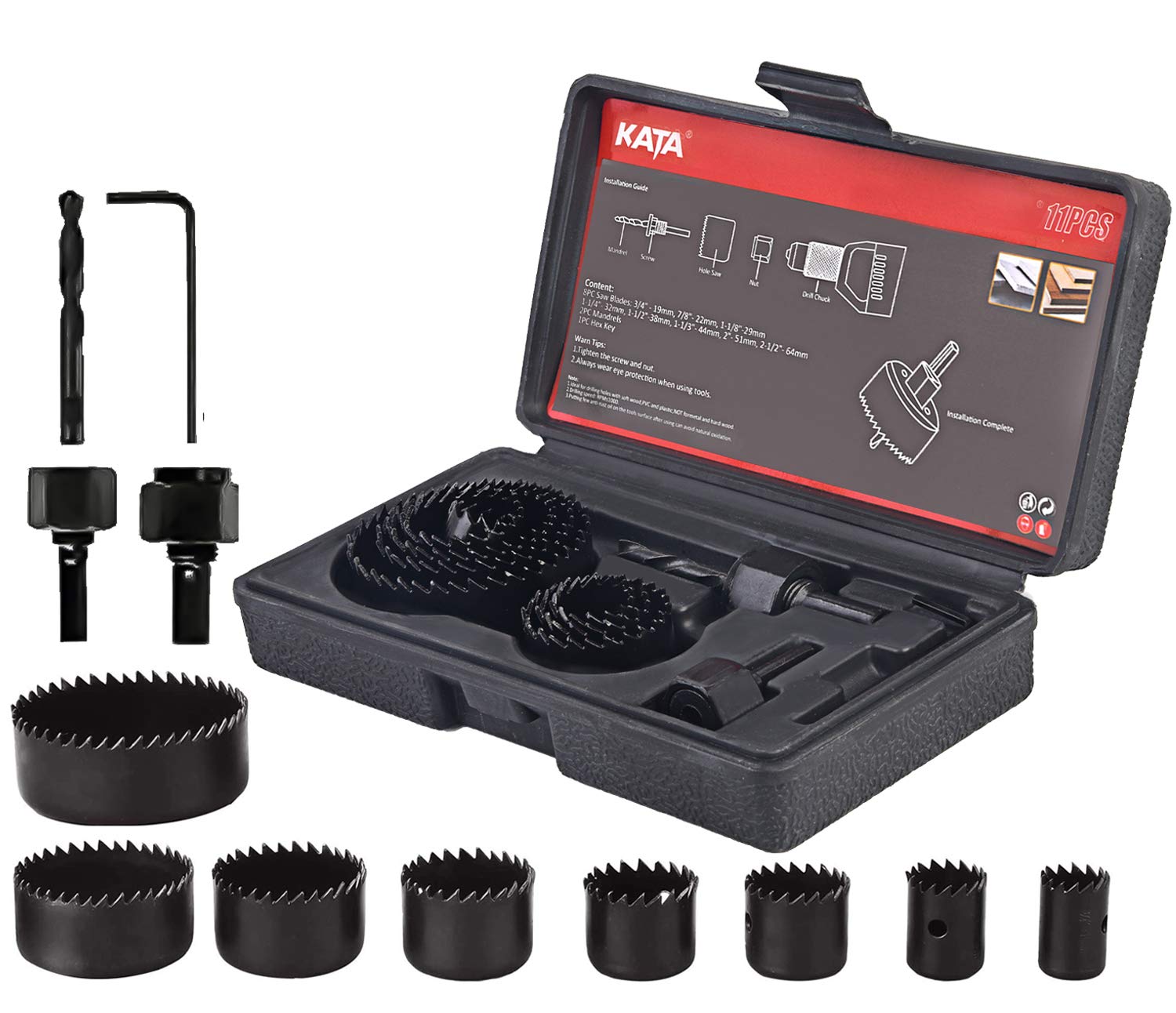 KATA 12PCS Hole Saw Kit 3/4"-2-11/16" (19-68mm) Hole Saw Set with Mandrels,Hex Key,Ideal for Soft Wood,PVC Board,Plywood,Drywall Drilling