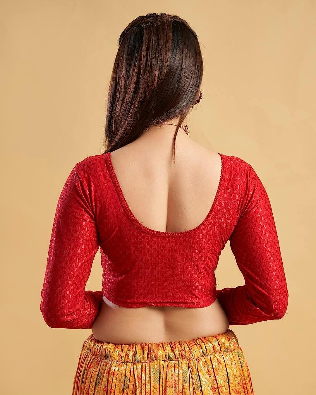 themilestocks TMS Women's Blouses Readymade Gold Stretchable Saree Crop Top Choli Free Size Long Sleeve (Red, Can fit bust size 28""-38"") - Image 4