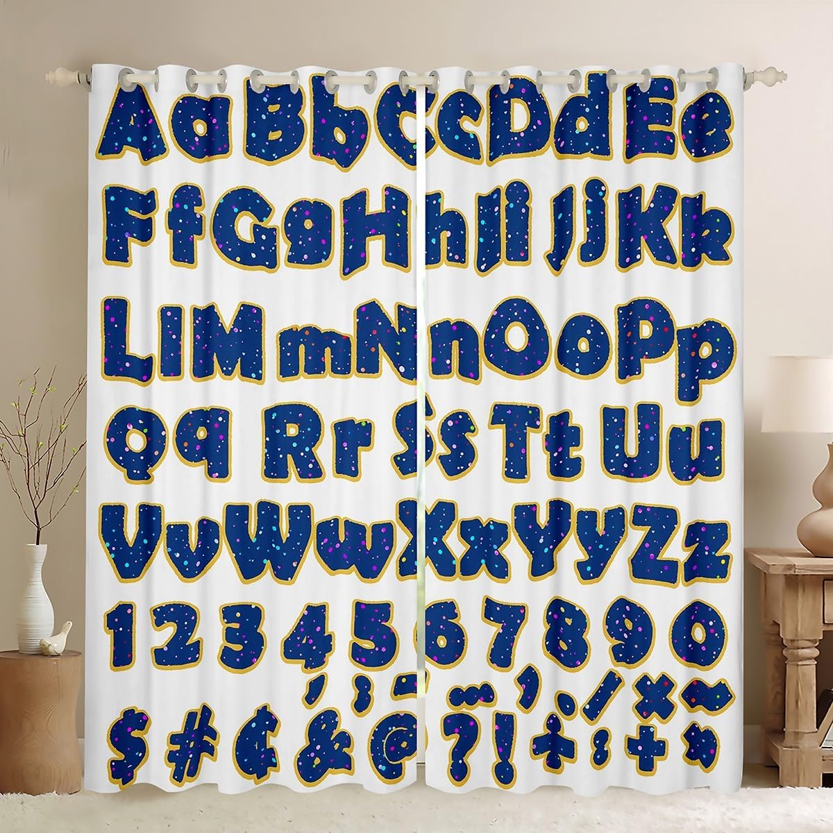 Alphabet Numbers Curtains ABC English Letters Darkening Drapes for Bedroom Living Room Decor Colorful Crayon Themed Thermal Insulated Shades Cute Modern Window Treatments, 2 Panels 52 x 84 Inch