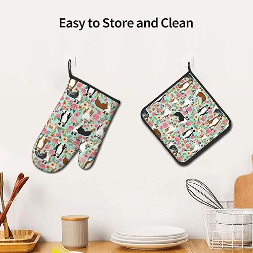 Miniatura 6 de Lindos guantes de horno y soportes para ollas con estampado floral de pastor australiano, guantes de horno reutilizables antideslizantes resistentes