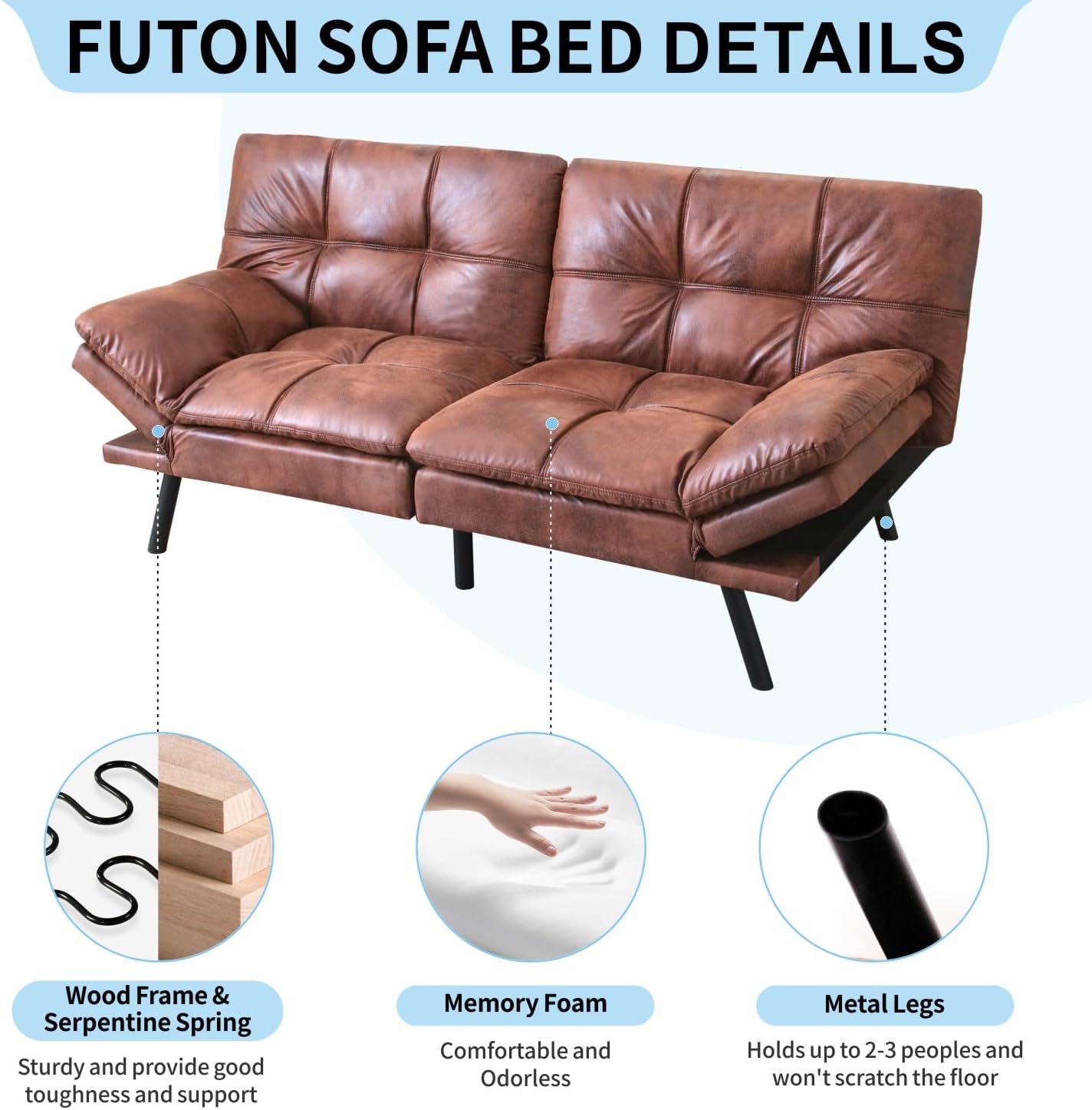 MUUEGM Memory Foam Futon Sofa Bed, 71" Convertible Sofa Bed, Modern Loveseat Sleeper Sofa with Adjustable Backrest & Armrest, Linen Fabric Futon Couch for Living Room, Office, Apartment, Brown