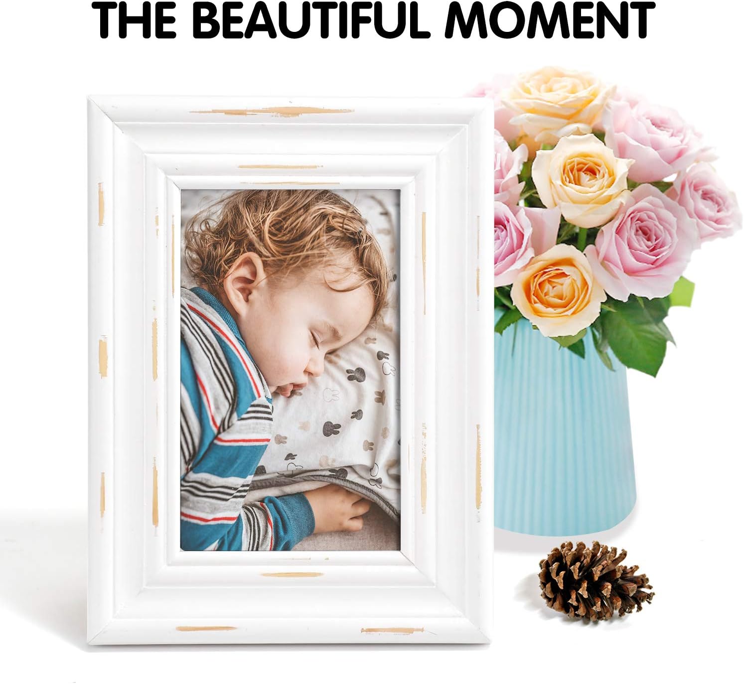 4x6 picture frames white wood wall decor with high definition glass- vintage picture frames rustic table top decor wood wall art with frame distressed wood magazine frame display (WHITE, 4x6")