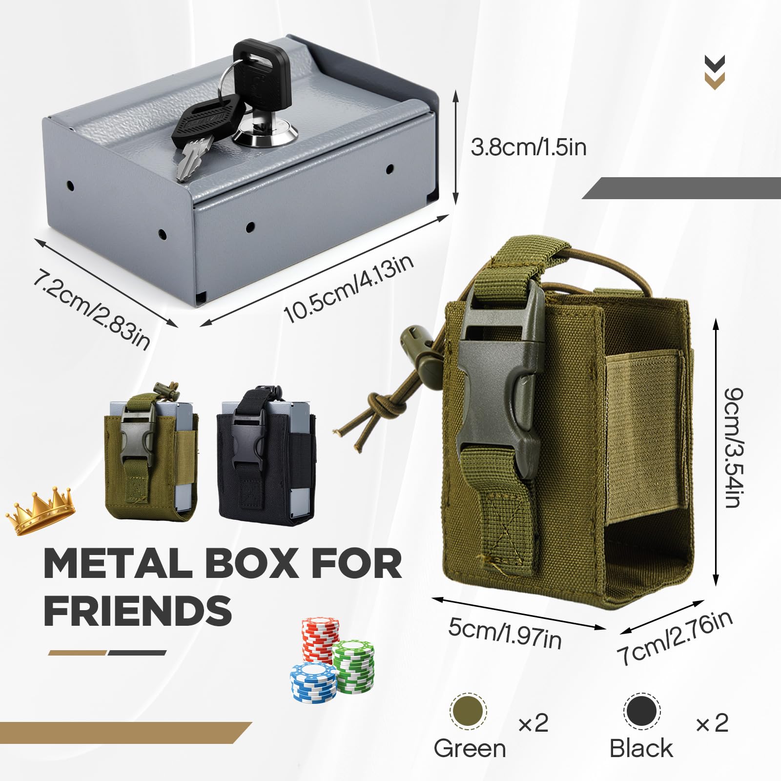 Zhengmy 2 Pcs Metal Box for friends with 2 Pcs Carrying Pouch Portable, Winner's Bank with Key for Casino, Small Lock Cash Box Pocket Sized for Money Safe Cash Wallet Stops Addictive