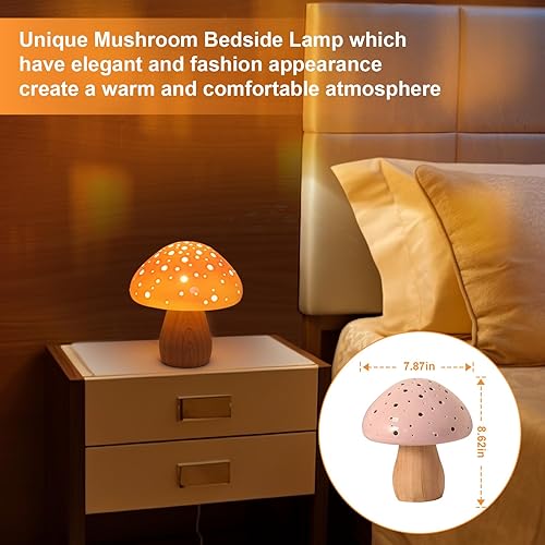 Miniatura 2 de KAiSnova Lámpara de seta pequeña lámpara de mesita de noche, lámpara de escritorio de cerámica rosa, lámpara de mesita de noche única, luces