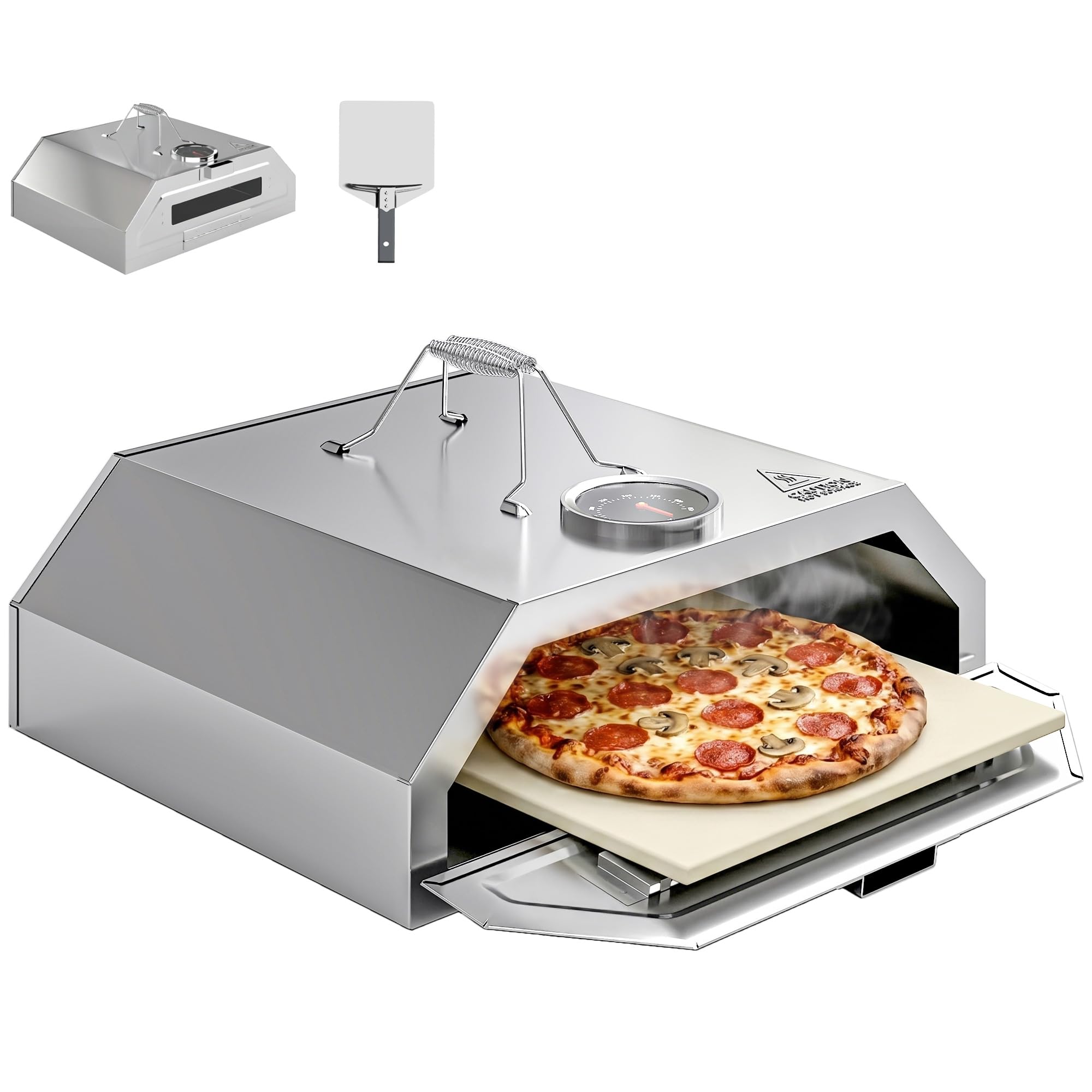 Outsunny Four à pizza portable 20,3 cm acier inoxydable thermomètre intégré fenêtre visualisation barbecue gaz charbon bois poignées transport