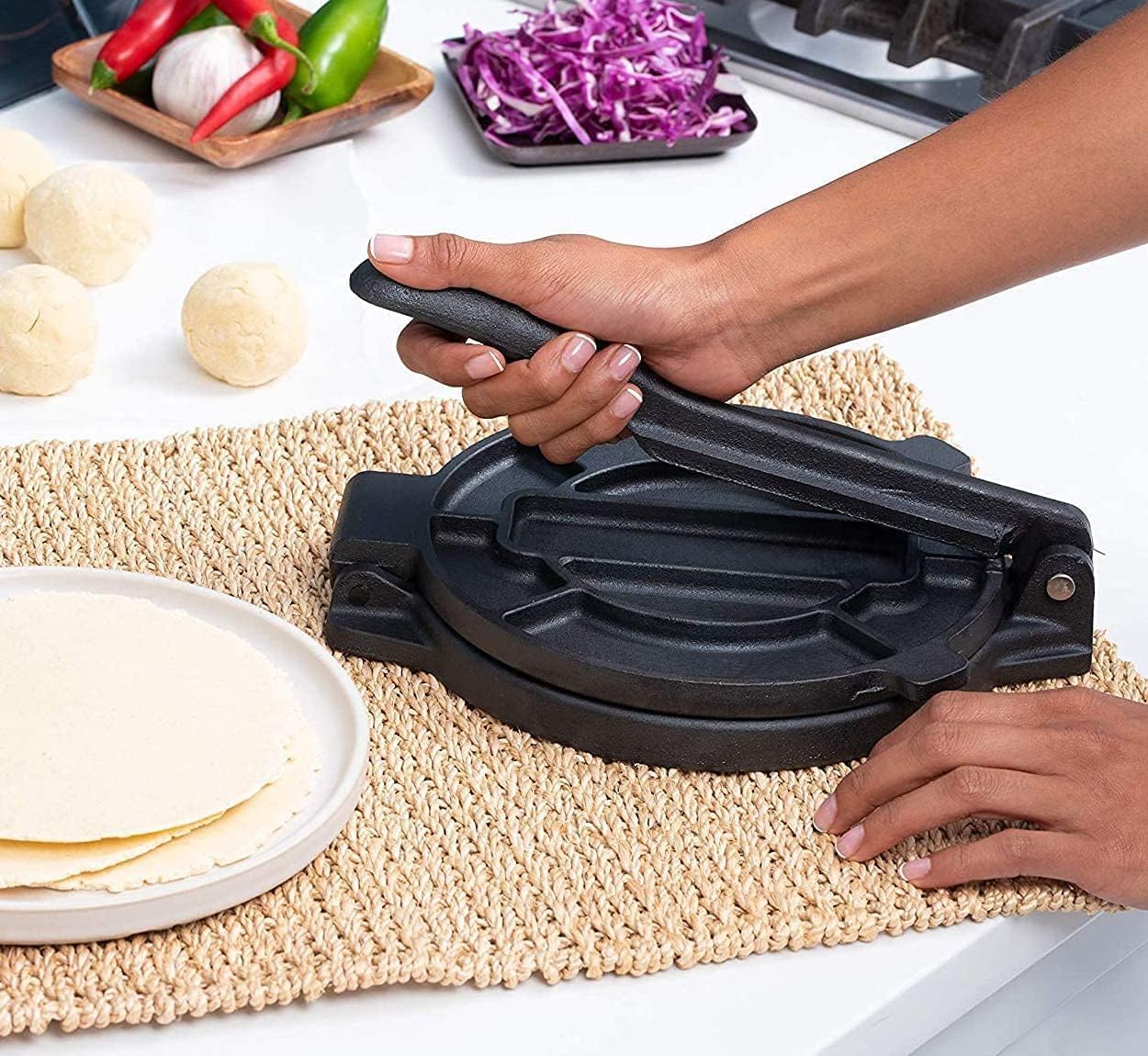 Prensa para tortilla de hierro fundido de 30 cm, Roti Maker, pretemporada resistente, prensa ajustable con papel de aluminio, para tortillas caseras, color negro