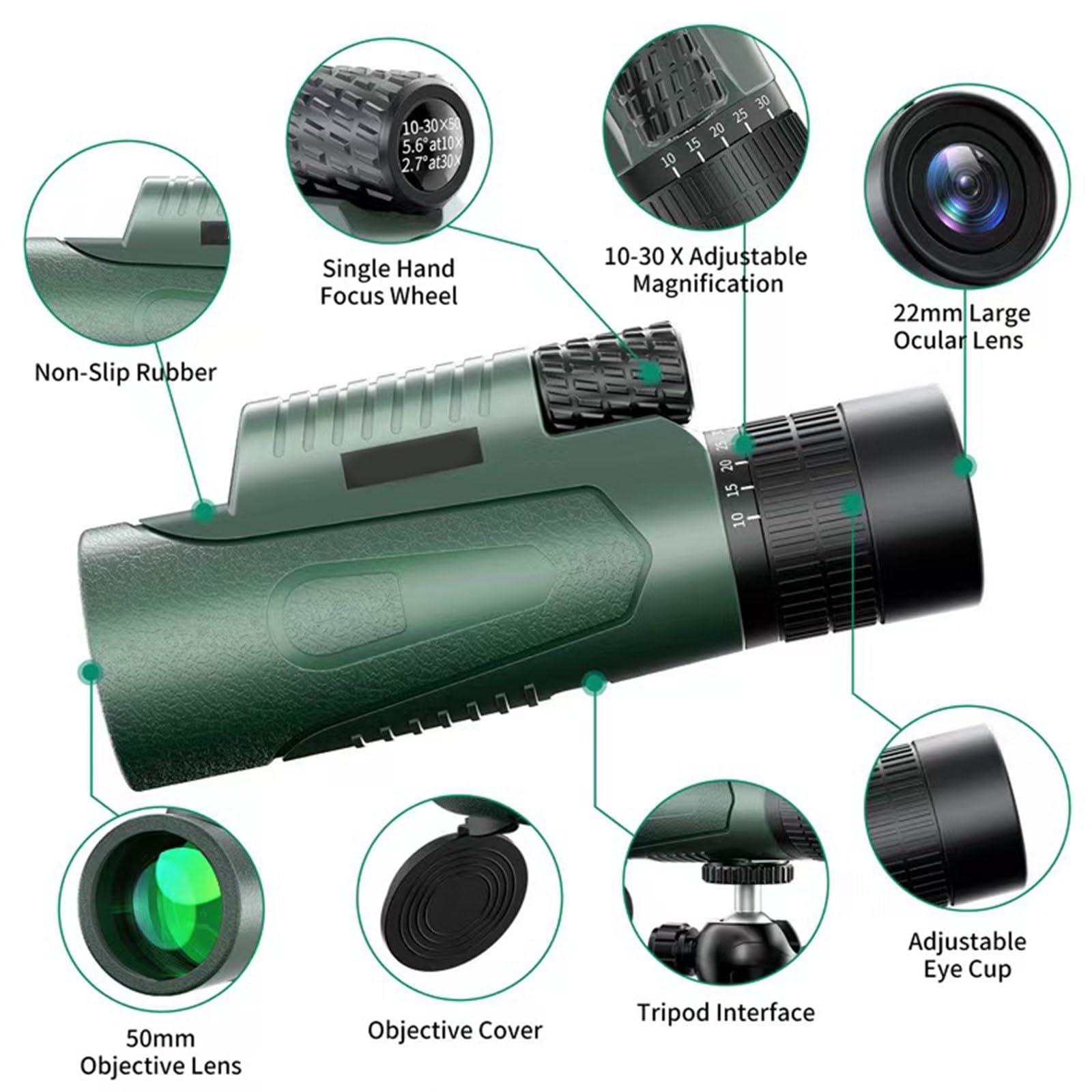 Monocular, 10-30X50 HD Monoculars para Adultos, BAK4 Prisma y Lente FMC Monoculars, Monocular para Observación de Aves y Vida Silvestre