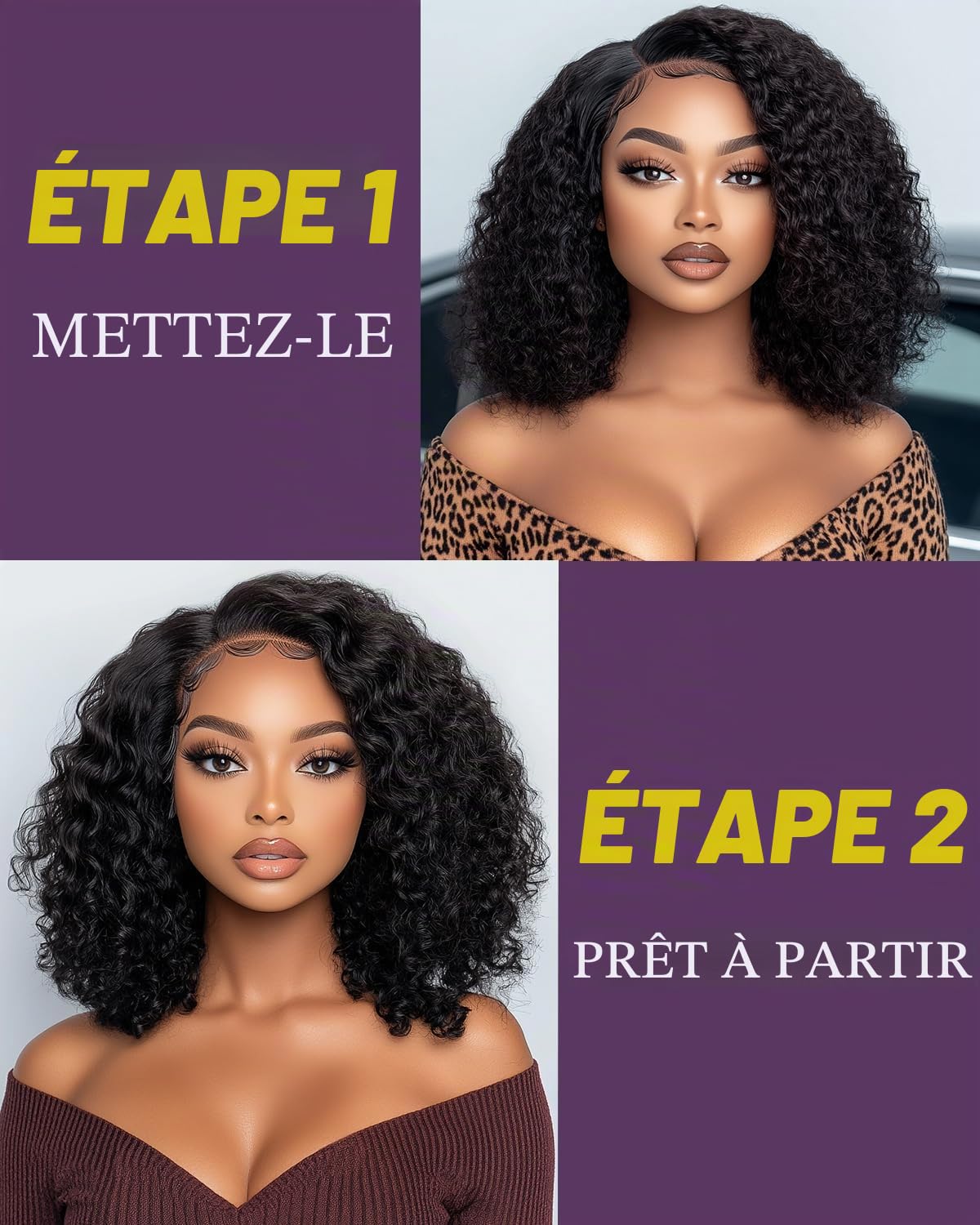 FASHION IDOL Bob court bouclé Perruque de cheveux humains Précoiffée Glueless Wear and Go Lace Perruque 200% Densité Améliorée Secret invisible Glueless Perruques de cheveux humains