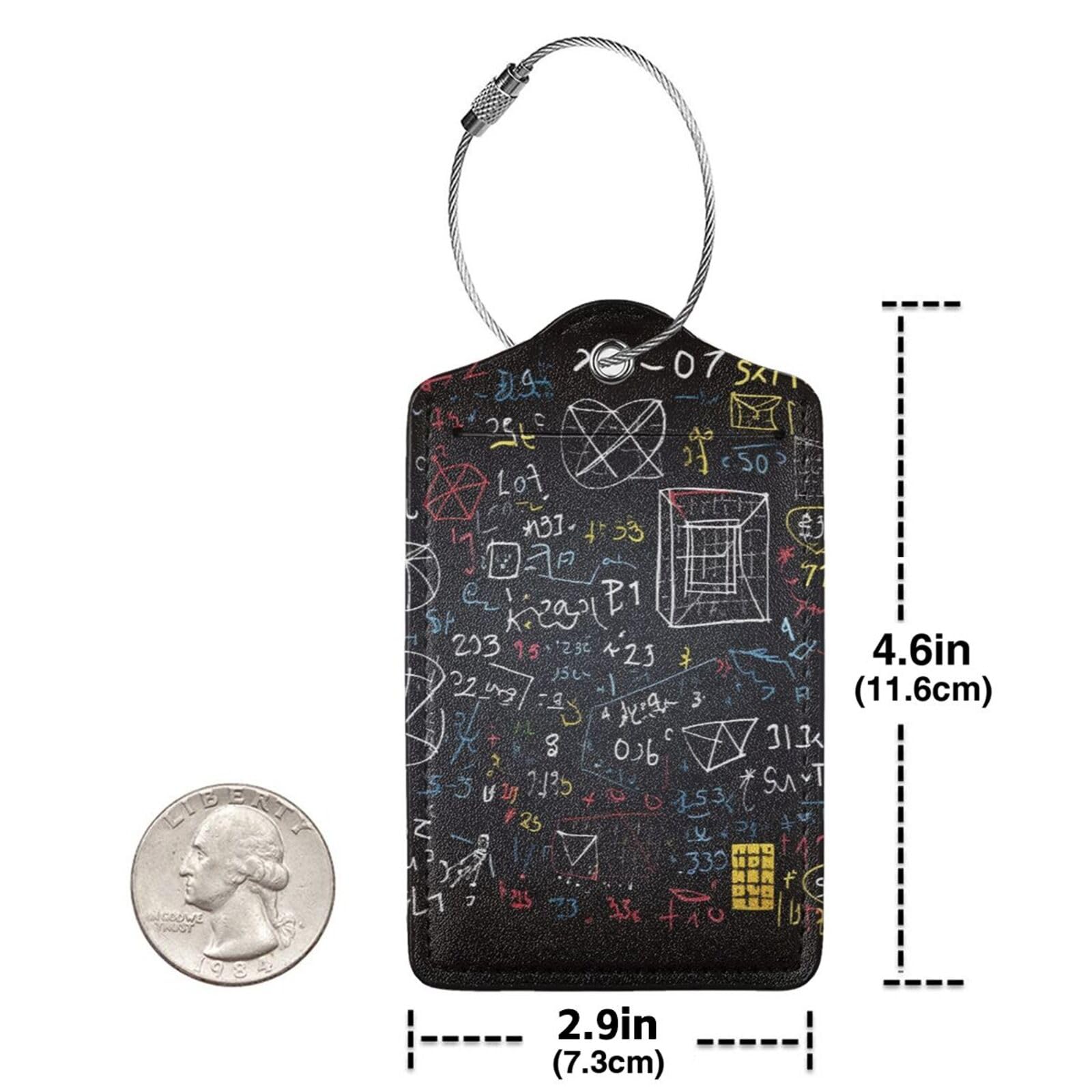 Etichette per bagagli matematica e fisica per valigie, 4 pezzi, in pelle PU, identificatori con anello in acciaio inossidabile, etichetta identificativa per la privacy con scheda indirizzo, etichetta