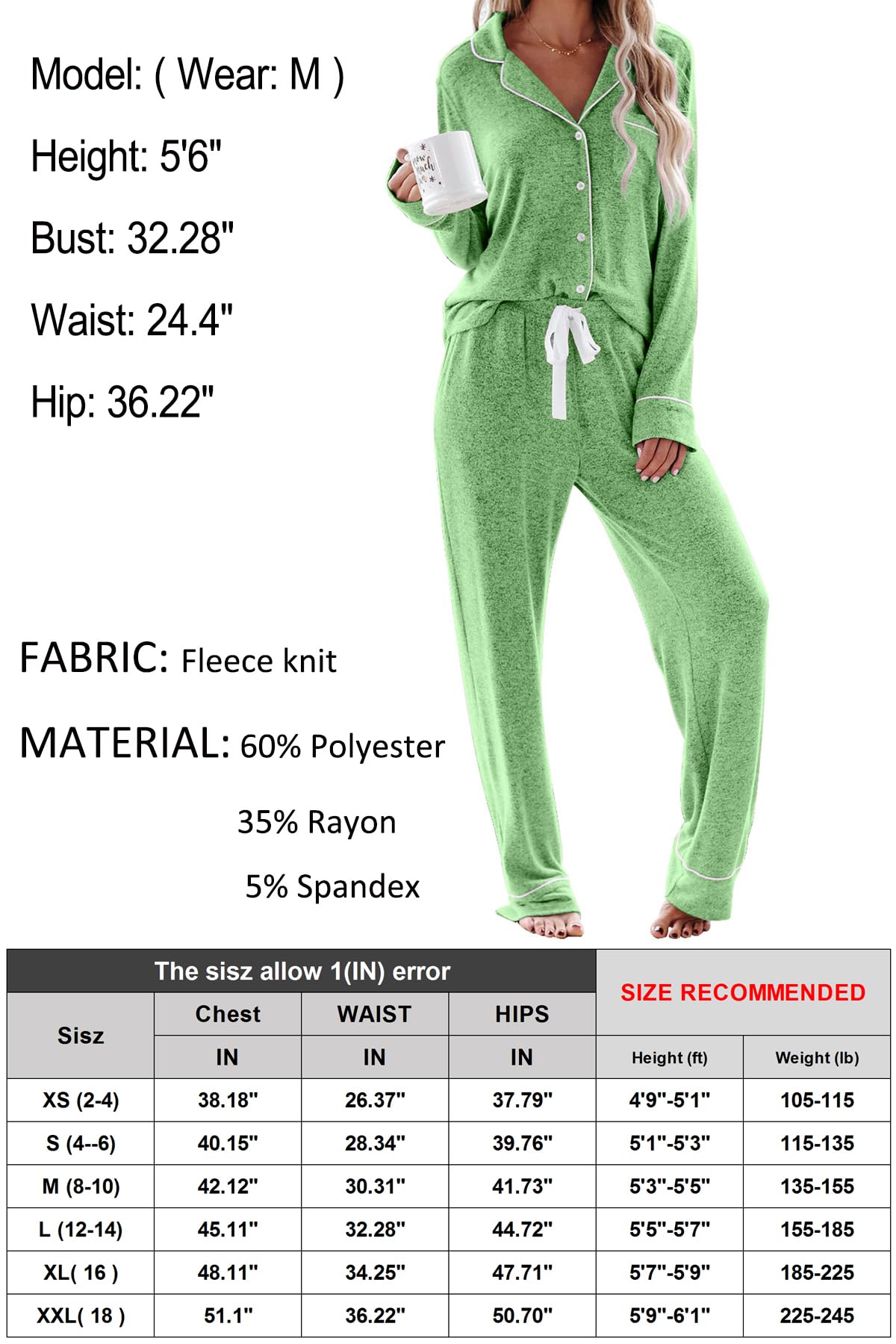 Aamikast Pyjama Long pour Femme avec boutonnière 2 pièces