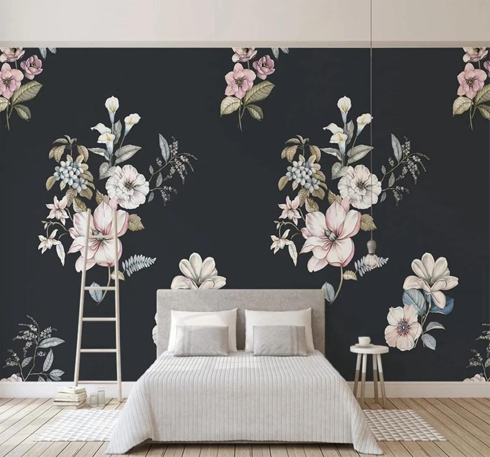 XLMING Minimalist Hand Drawn Floral Black Background 3D Wallpaper Luxury Home Dining Decor Paste Sofa Living Room The Wall for Bedroom Mural-250cm×170cm