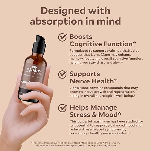 Miniatura 5 de PURALITY HEALTH Complejo de melena de león, nano liposomal, máxima absorción para la salud cerebral, memoria, enfoque y apoyo nervioso, con Reishi,