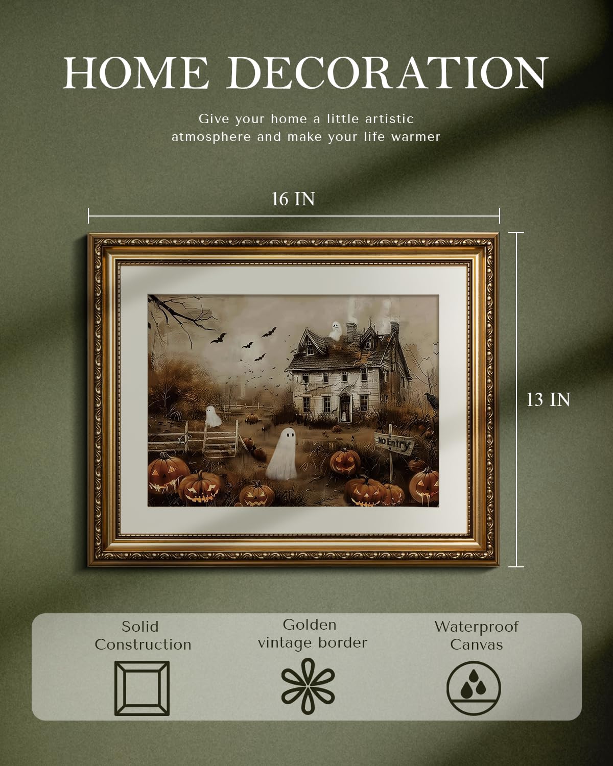 Vintage Gold Framed Spooky Halloween Wall Art, 13x16 Haunted House Jack-o’-Lanterns Bats Canvas Painting Print, Ghosts Pumpkins Halloween Picture Holiday Home Room Atmospheric Decor