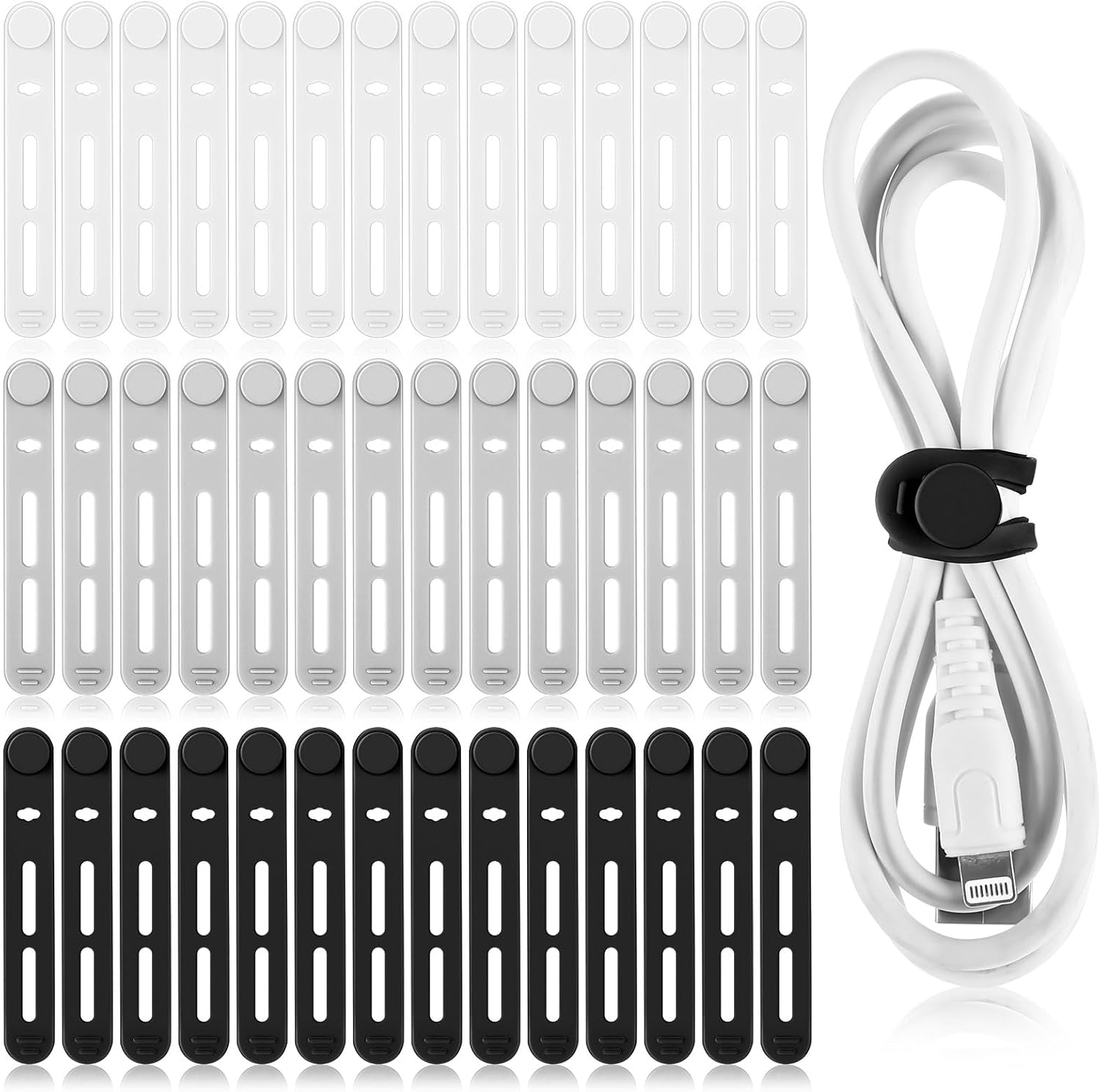 Tellegloww 42 Pcs Silicone Cable Ties Reusable Cord Organizer Adjustable Data Cable Wraps for Earphone Phone Charger Computer Cord Management Straps Travel Essentials(Black, White, Gray,3.15 Inch)