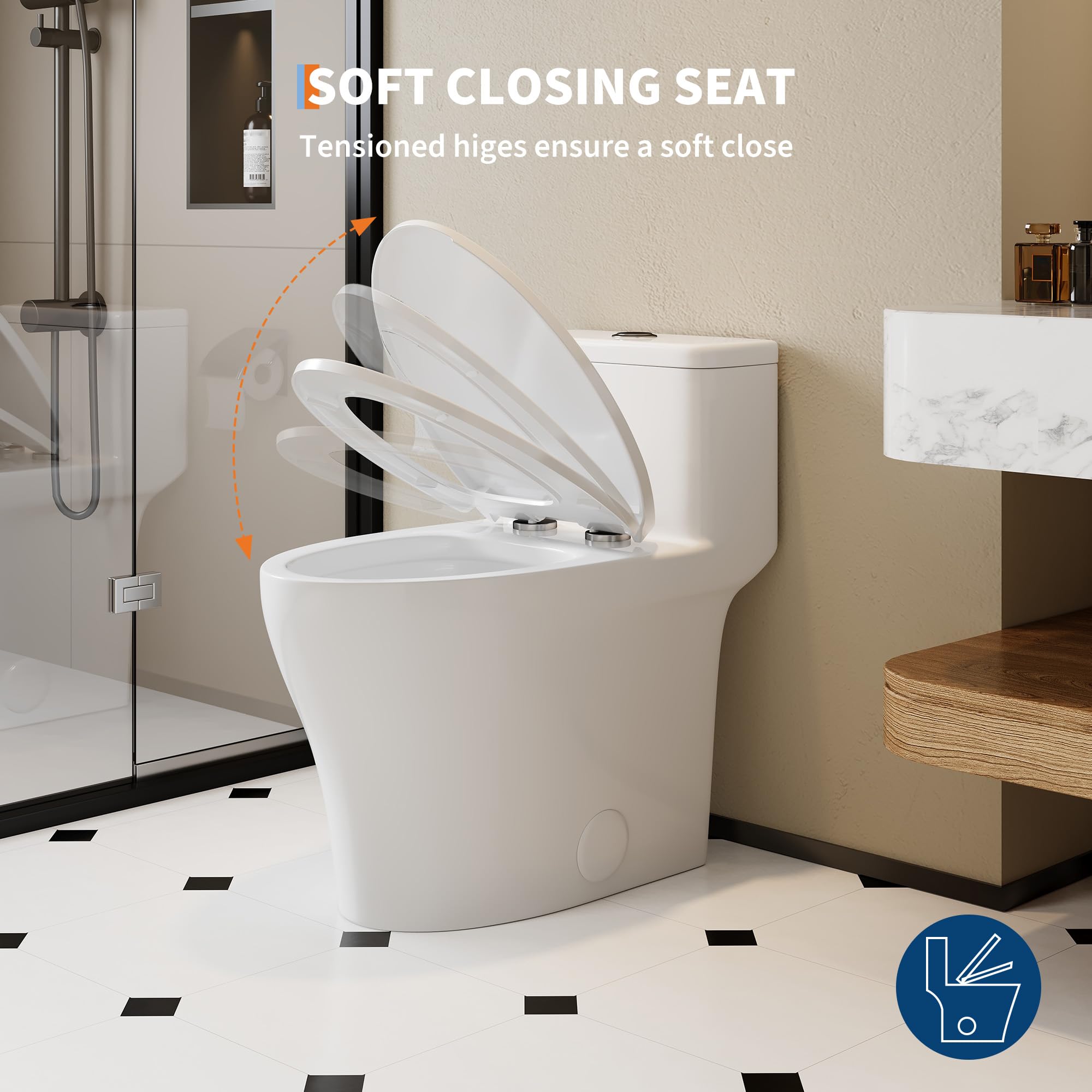 ADA Toilette monobloc allongée, hauteur confortable et siège à fermeture amortie, double chasse d'eau 0,8/1,28 GPF, MAP 1000 g, blanc moderne