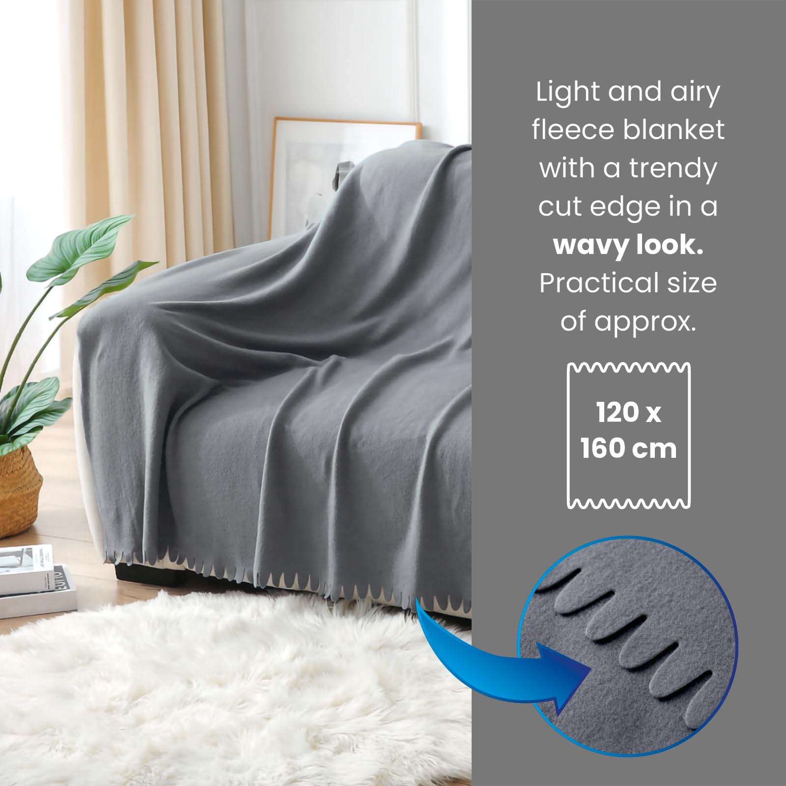 wometo Wave koc polarowy 120 x 160 cm – Öko-Tex ok. 300 g, miękki koc polarowy z falistym brzegiem, niemechacący się, szary