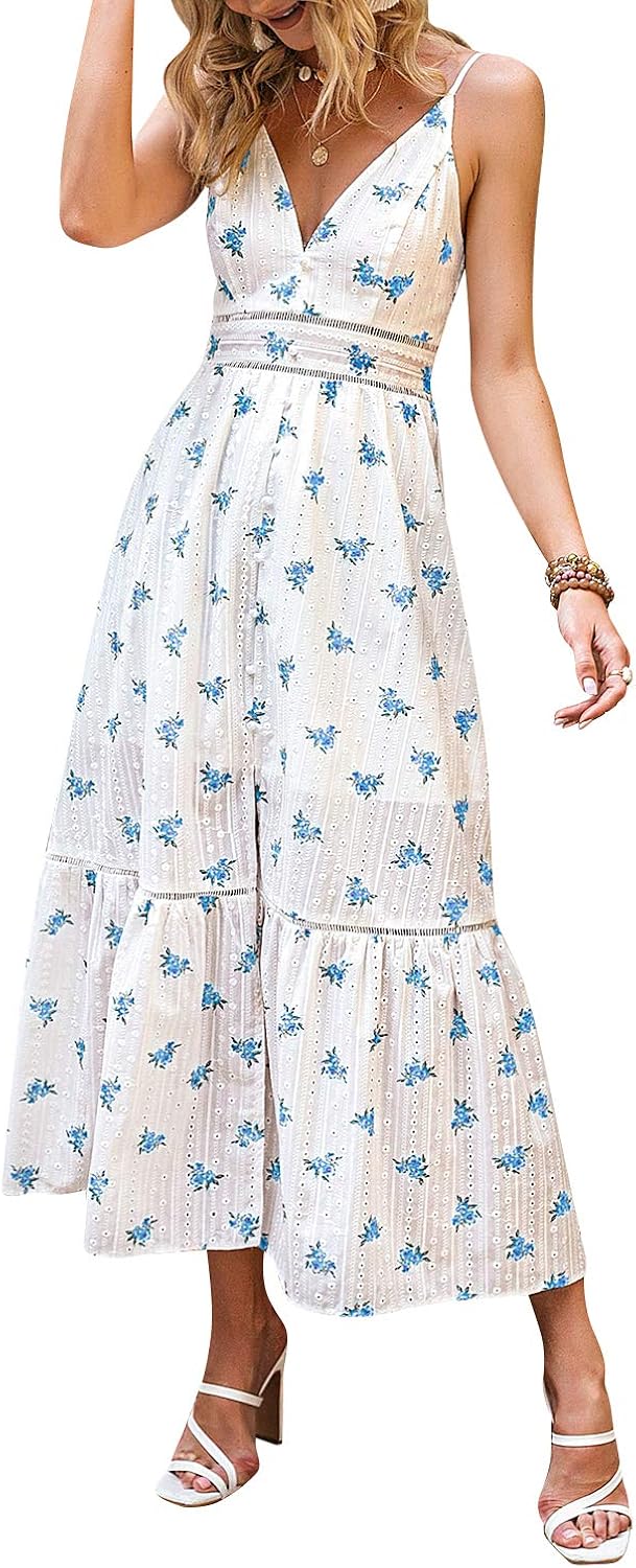 Narspeer Women's Beach Flowy Embroidery Long Dress Summer Spaghetti Straps Floral Maxi Dress