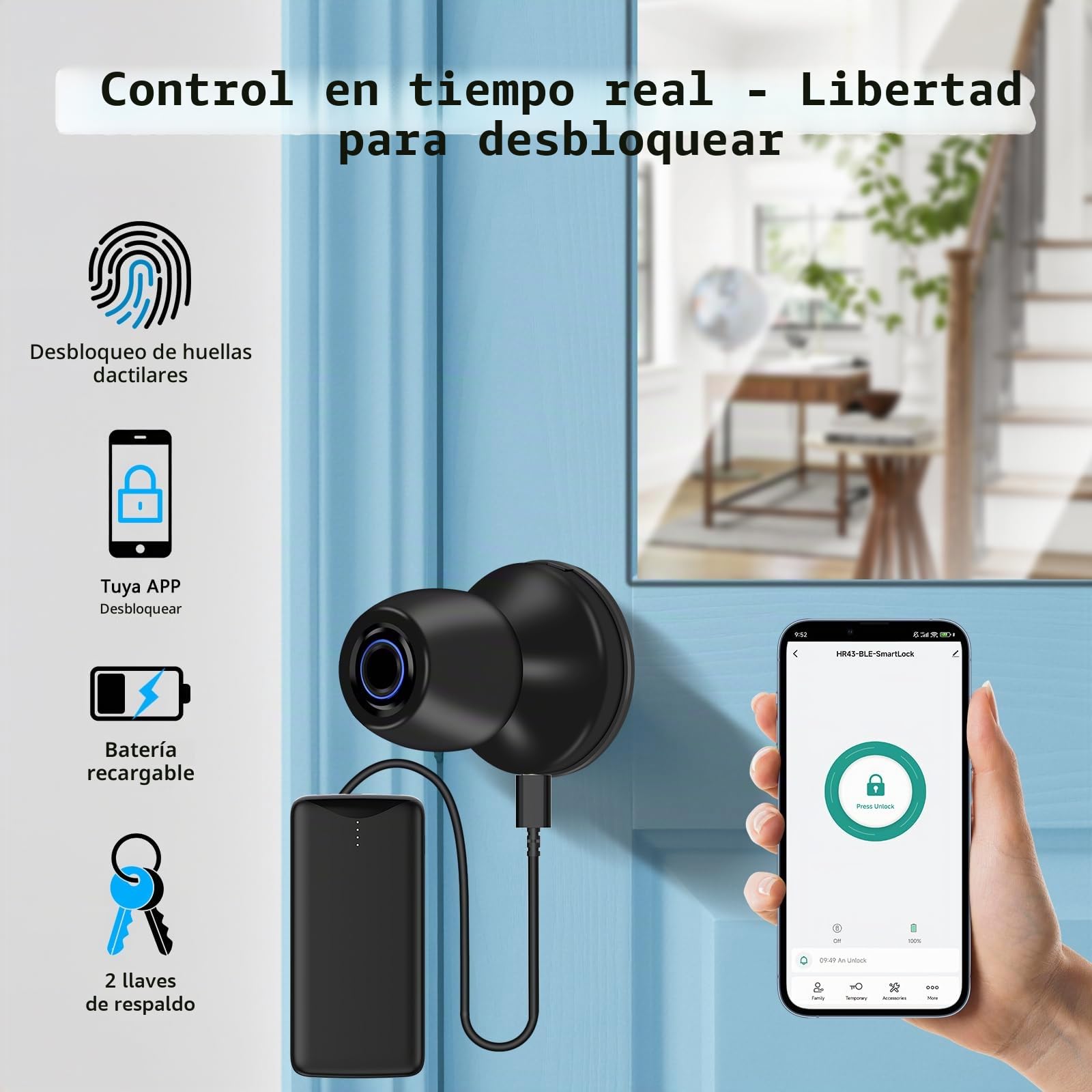 Cerradura de Puerta Inteligente con Huella Dactilar, Manija de Puerta 4-en-1 con Huella Dactilar, con Control por App y Llave Tipo-C, Manija de Puerta Biométrica con Cerradura, Adecuada para