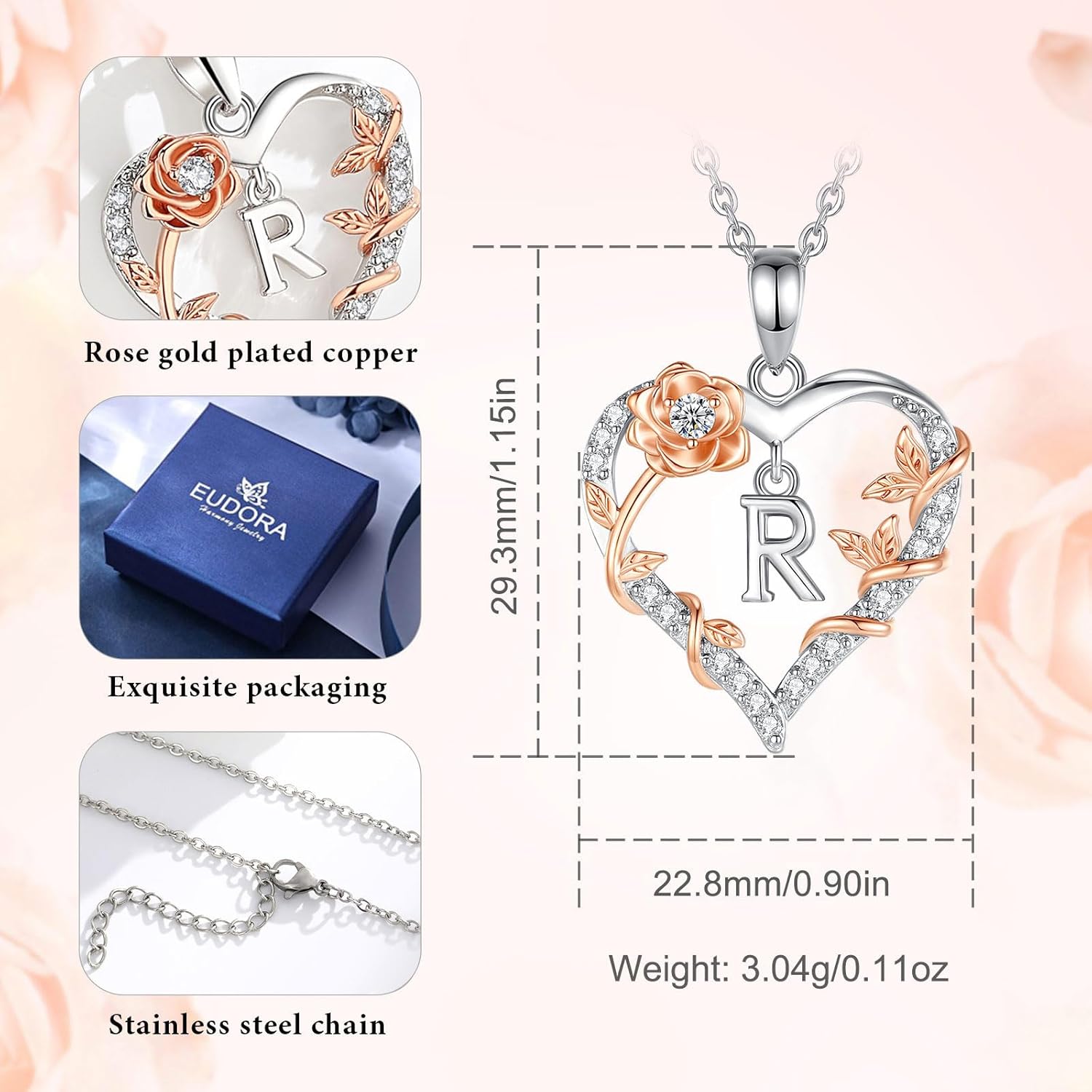 EUDORA Rose Heart Initial Necklace for Women Letter Alphabet Initial Necklaces Copper Rhodium Plated Pendant with Cubic Zirconia, Initials Jewelry Gifts for Women Wife Mother, 18" - Image 7