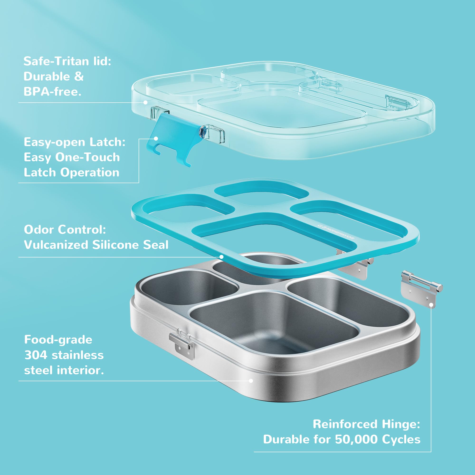 G.a HOMEFAVOR Boîte Bento en Acier Inoxydable 304 800ml pour enfants Boîtes-Repas 4 Compartiments Boîte Lunch Boite pour Le Déjeuner Alimentaires Bento Box étanches, lavable au lave-vaisselle, Bleu