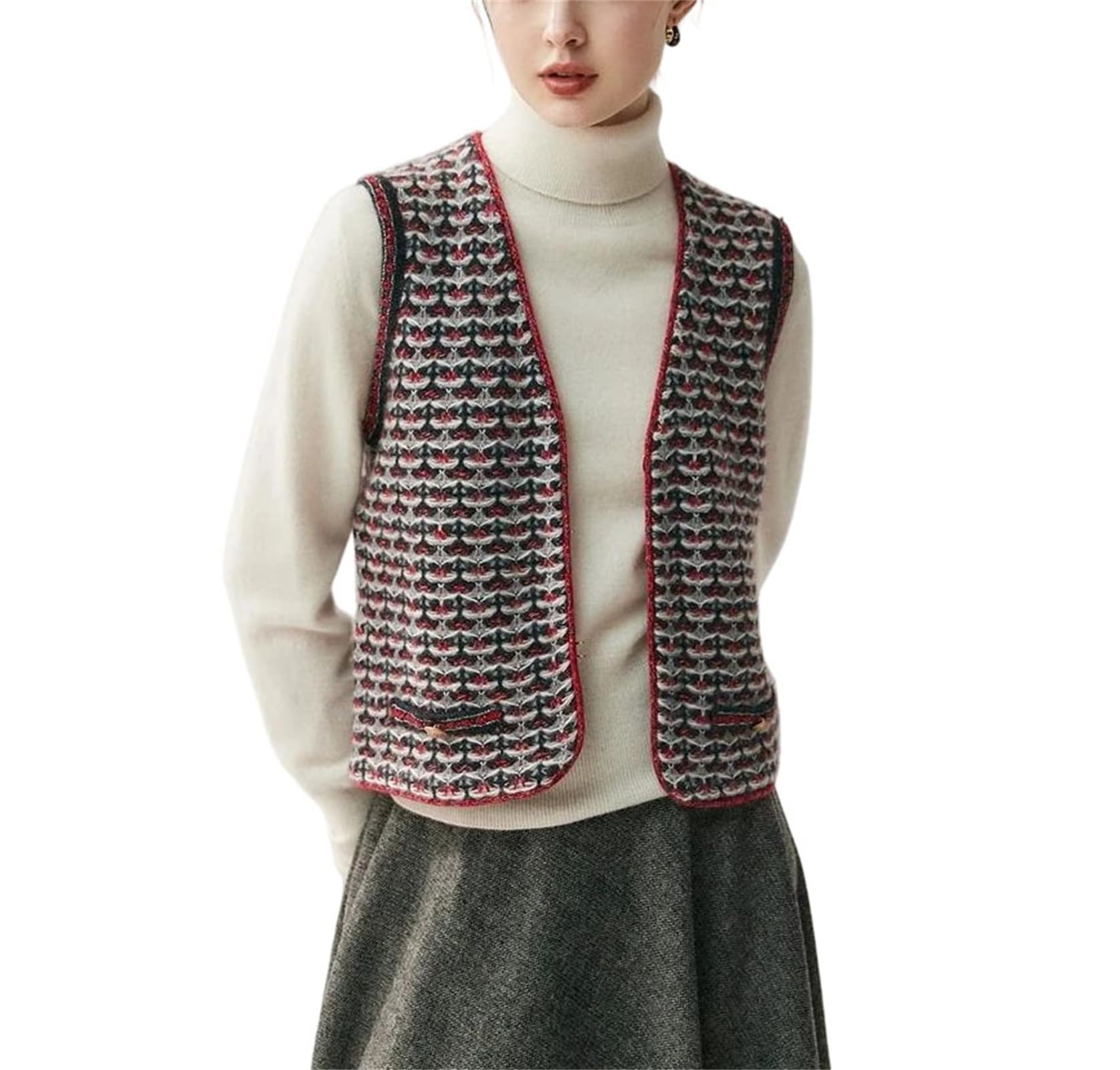 Womens V Neck Colorful Knit Cashmere Cardigan Vest Sleeveless Sweater Double Side Wear Soft Retro Style Waistcoat