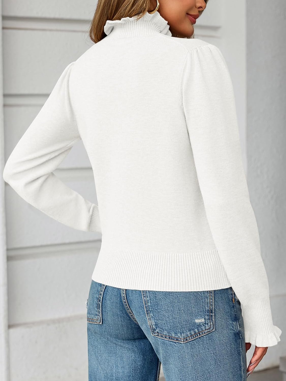 Saodimallsu Womens Ruffle Mock Neck Sweater Puff Long Sleeve Fall Soft Knit Casual Pullover Sweaters Top - Image 5