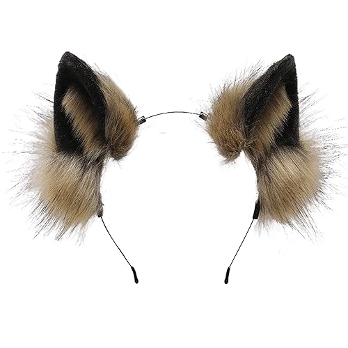ZFKJERS Furry Fox Wolf Cat Ears Headwear Women Men Cosplay Costume Party Cute Head Accessories for Halloween (Khaki Black) - Khaki Black