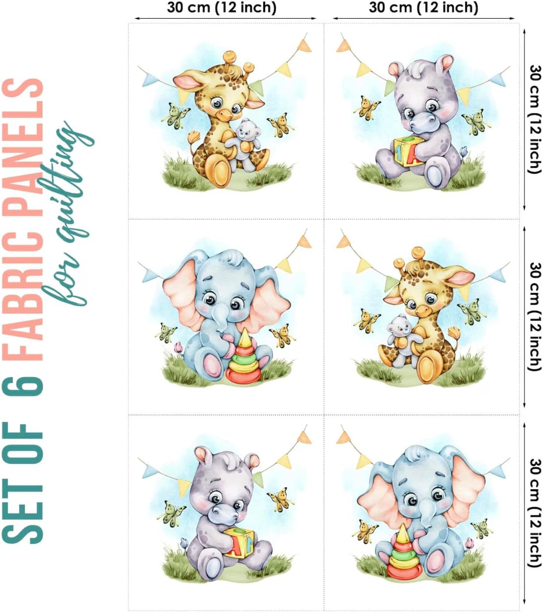 UNIQUE Giraffe Elephant Hippo Fabric Panel Set (6 Panels, 12x12in Each), Quilt Panel Set, Cotton Twill, Digital Print Cotton Fabric Panels for Quilting