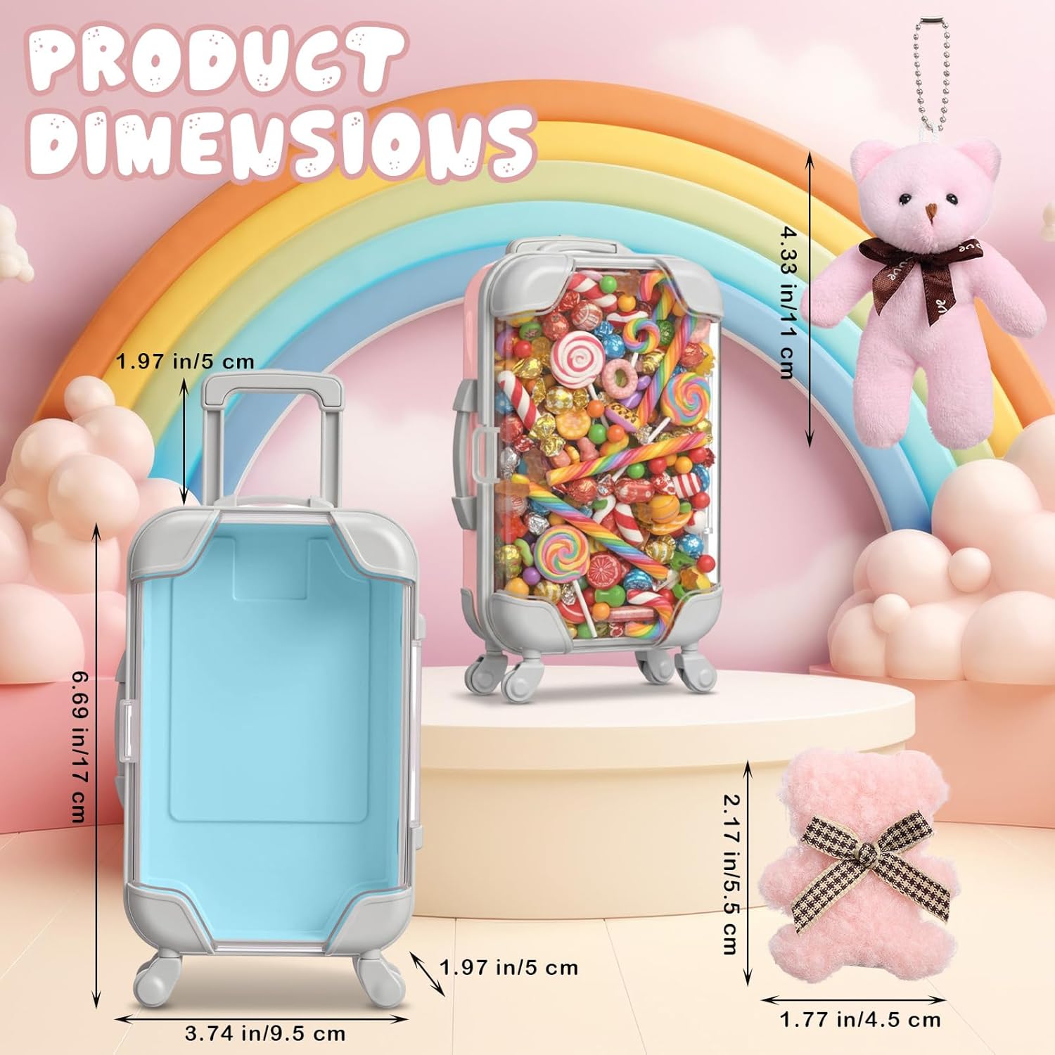 Kenning 36 Pcs Mini Empty Suitcase Storage Box Clear Travel Candy Box Suitcase with Bear Keychain Hairpin for Girls Women Wedding Birthday Bridal Shower Party Favors Travel Gifts (L,Multicolor)