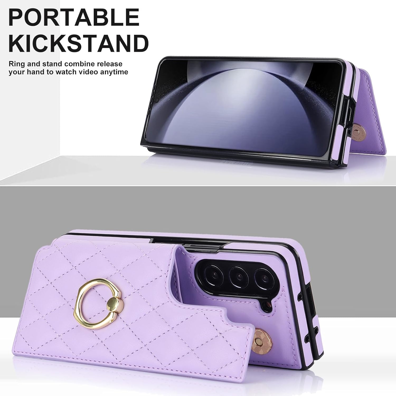 for Samsung Galaxy Z Fold 5 Wallet Case with Ring, 4 Card Slots & Cash Clip - Magnetic Clasp Closure, Front Tempered Glass Screen Protector & Reinforced Frame Protective Cover.(Purple)