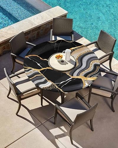 Miniatura 2 de SEVENBABU Mantel redondo de 55 a 60 pulgadas, mantel redondo de vinilo ajustable con borde elástico para fiestas al aire libre, patrón de mármol