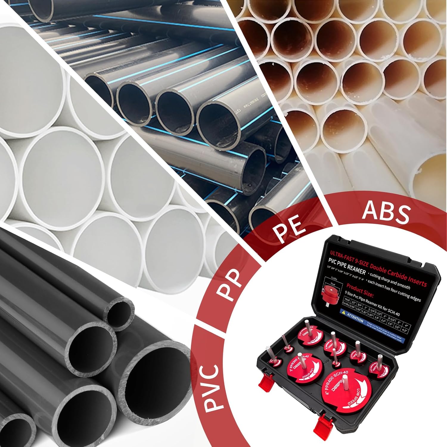 9Pcs Double Blade PVC Pipe Reamer Kit, PVC Fitting Saver Plastic Pipe Fitting Reamer Socket Saver Plumbing Tool Include 1/2",3/4'', 1'', 1-1/4",1-1/2'', 2'', 2-1/2",3'', 4'' for Schedule 40
