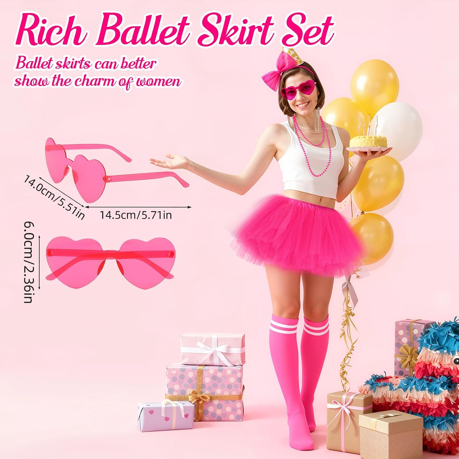 5pcs Tutu Costume Accessories for Women 5 Layered Tulle Skirt Headband Glasses Socks Necklace for 80s Dance Party