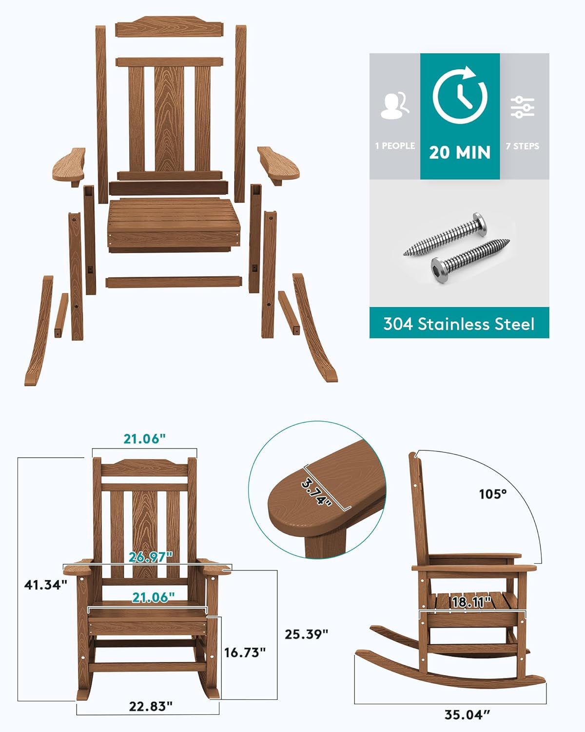 SERWALL Oversized Rocking Chair Outdoor, HDPE Outdoor Rocking Chair, Brown